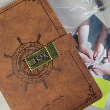 HMF Notizbuch Tagebuch mit Code-Schloss, liniert, Vintage, Kunstleder, A5, Braun