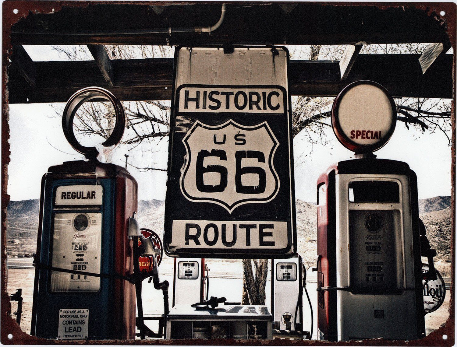 Metallschild Blechschild Historic Route 66 Zapfsäulen