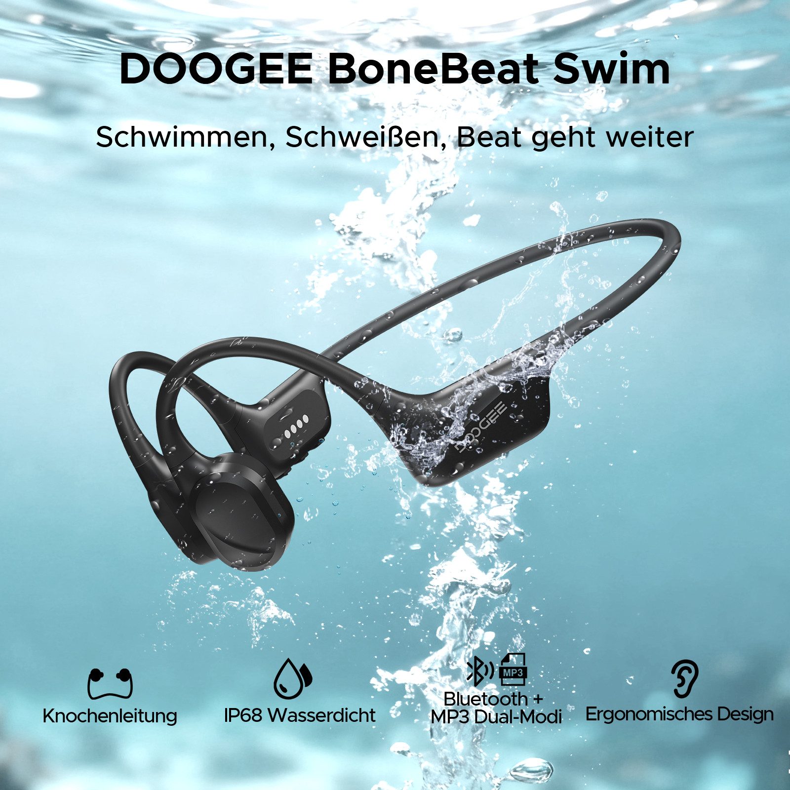DOOGEE knochenschall kopfhörer bluetooth fürs schwimmen,wasserdicht,training Bluetooth-Kopfhörer (Bluetooth, 32GB MP3 Dual-Modus Sportkopfhörer für Schwimmen & Training)