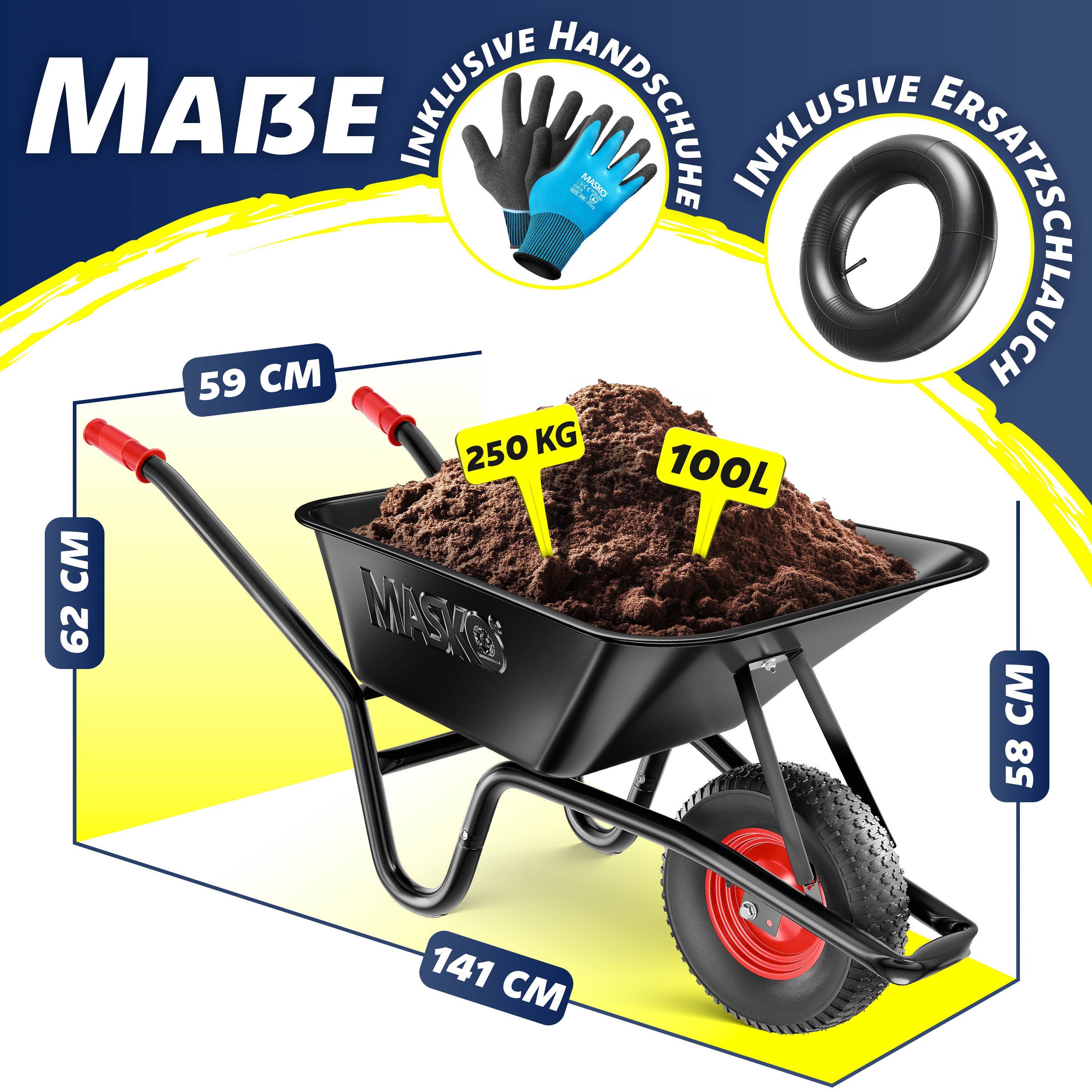 MASKO Schubkarre Bau- und Gartenschubkarre 100 Liter, mit Luftreifen und Stahlfelgen sowie einen Ersatzschlauch