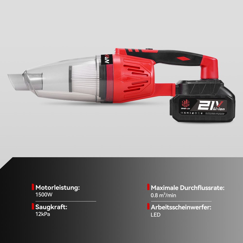 ONEVAN Akku-Handstaubsauger Akku Staubsauger 12000Pa für Tierhaare/Teppiche/Hartböden/Auto, 1500 W, beutellos, 4-in-1 Vacuum Cleaner Staubsauger Kabellos