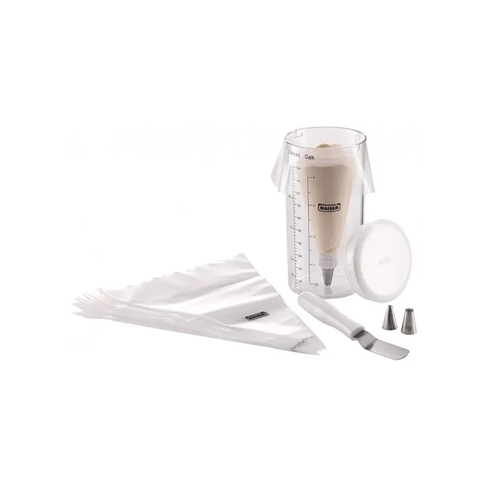 Kaiser Backformen Back-Set Kuchendekorations-Set Tortendekoration, (Messbecher, Spritzbeutel, drei Edelstahlspitzen, Cremespatel)