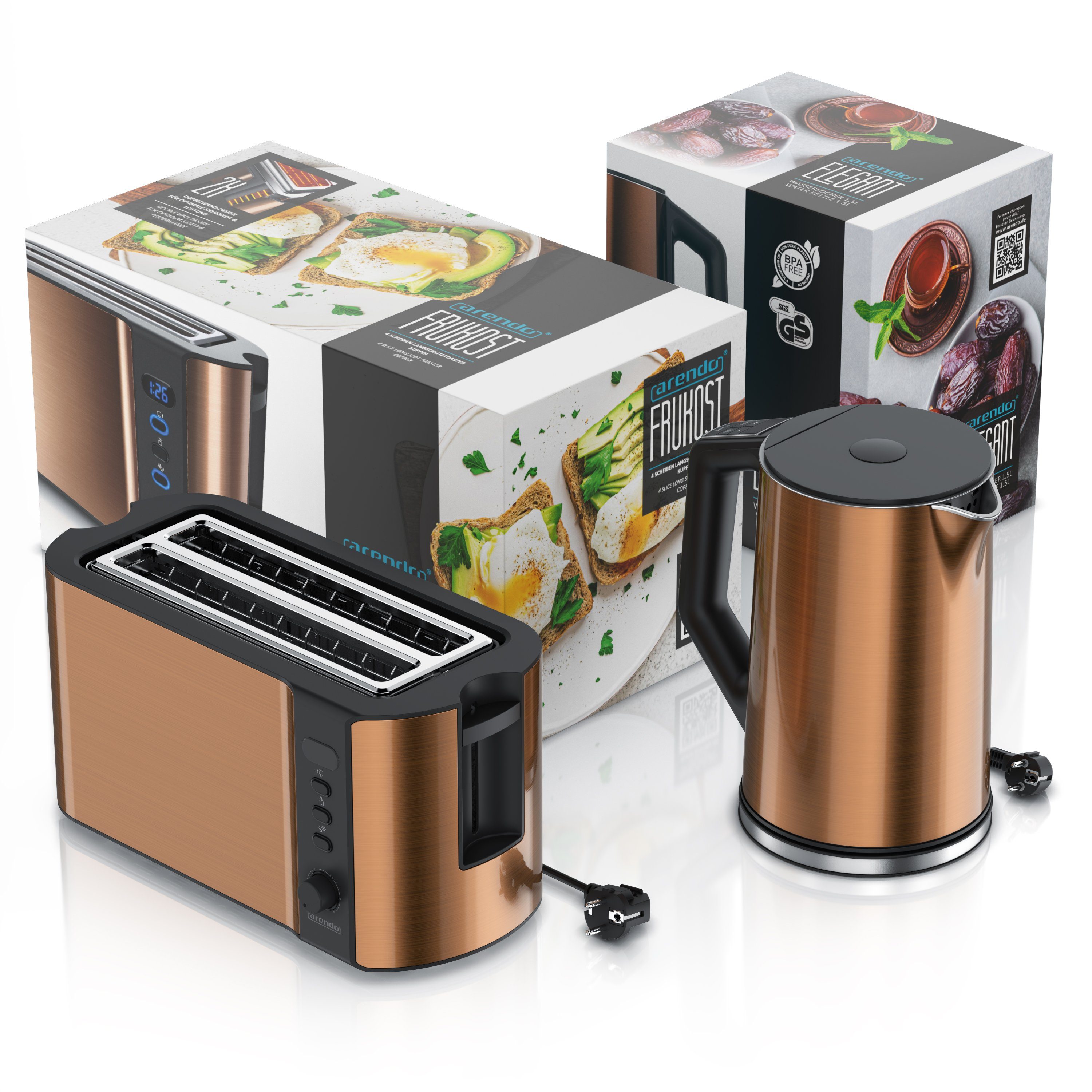 Arendo Wasserkocher Edelstahl 4-Scheiben Kupfer Toaster, (2-tlg), 1,5l, Langschlitz Frühstücks-Set