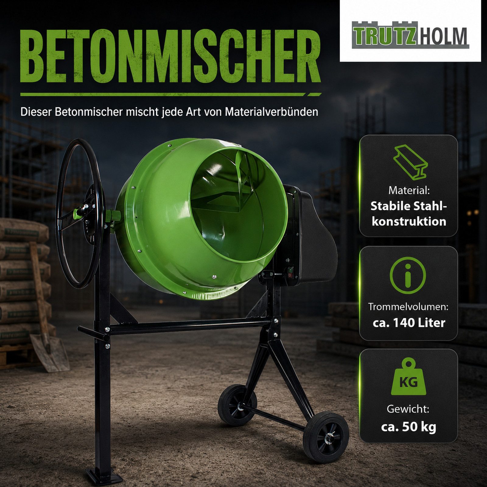 TRUTZHOLM Betonmischer 140 Liter 550 W 30 U/Min Zementmischer für Beton, Mörtel, Gips, (Artikel, 1 St), stabil