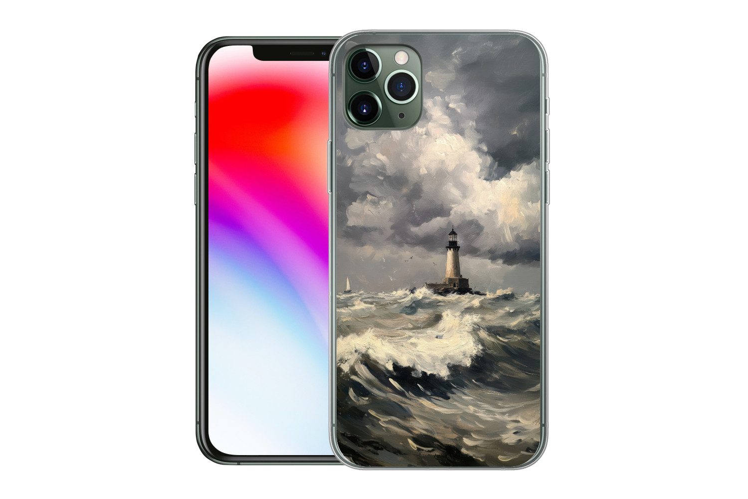 MuchoWow Handyhülle für Apple iPhone 11 Pro Max Leuchtturm - Wellen - Sturm, Smartphone-Bumper, Print, Handy Schutzhülle Dünn