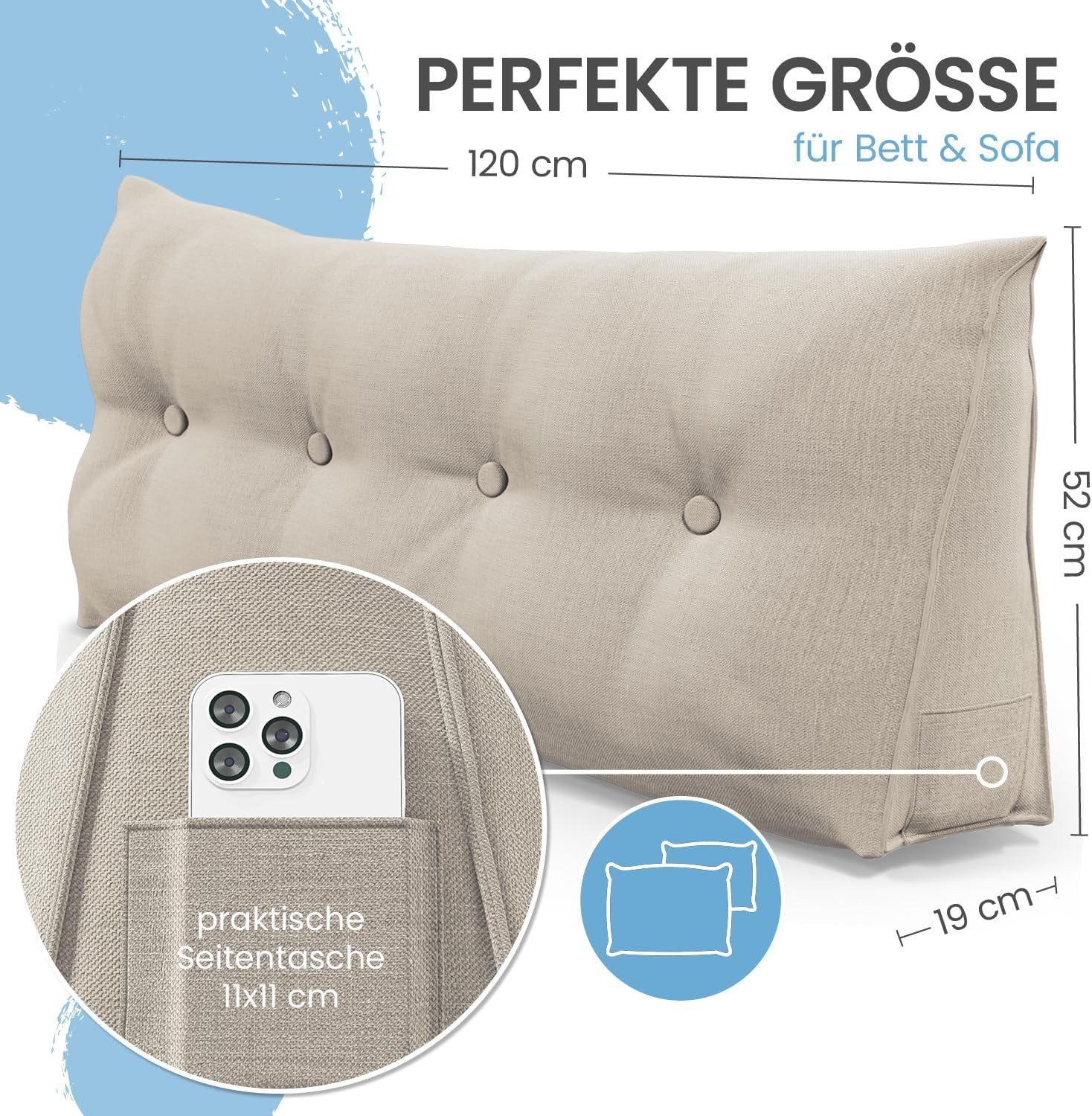 ELONEO Rückenkissen Keilkissen für Bett und Sofa, Lesekissen mit praktischem Seitenfach, 1-tlg., mit praktischem Seitenfach, Lesekissen, mit waschbarem Bezug