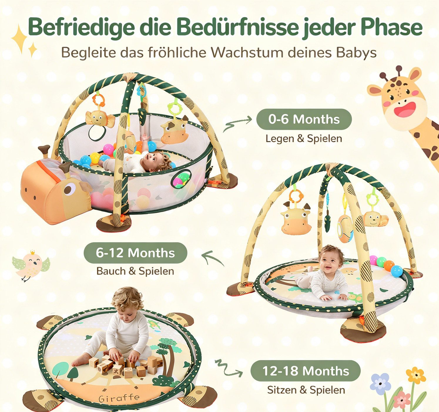 Insma Spielbogen 3-in-1 Baby Spielmatte Spielbogen Baby Gym Krabbeldecke faltbar, 4 Lernspielzeug und 30 Ozeanbälle
