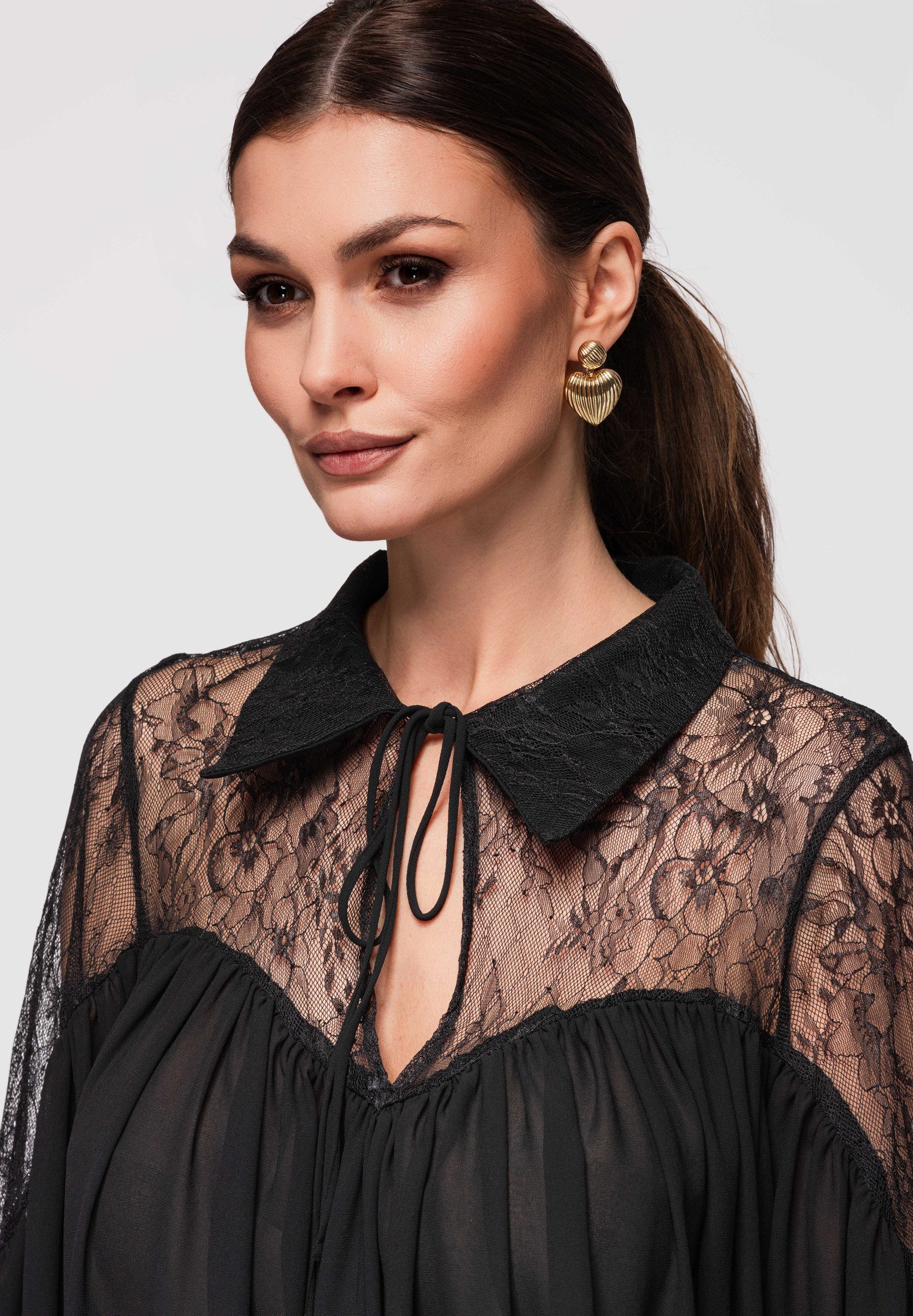 OMBRE Spitzenbluse Damenbluse mit Spitzenoberteil und locker fallender Silhouette