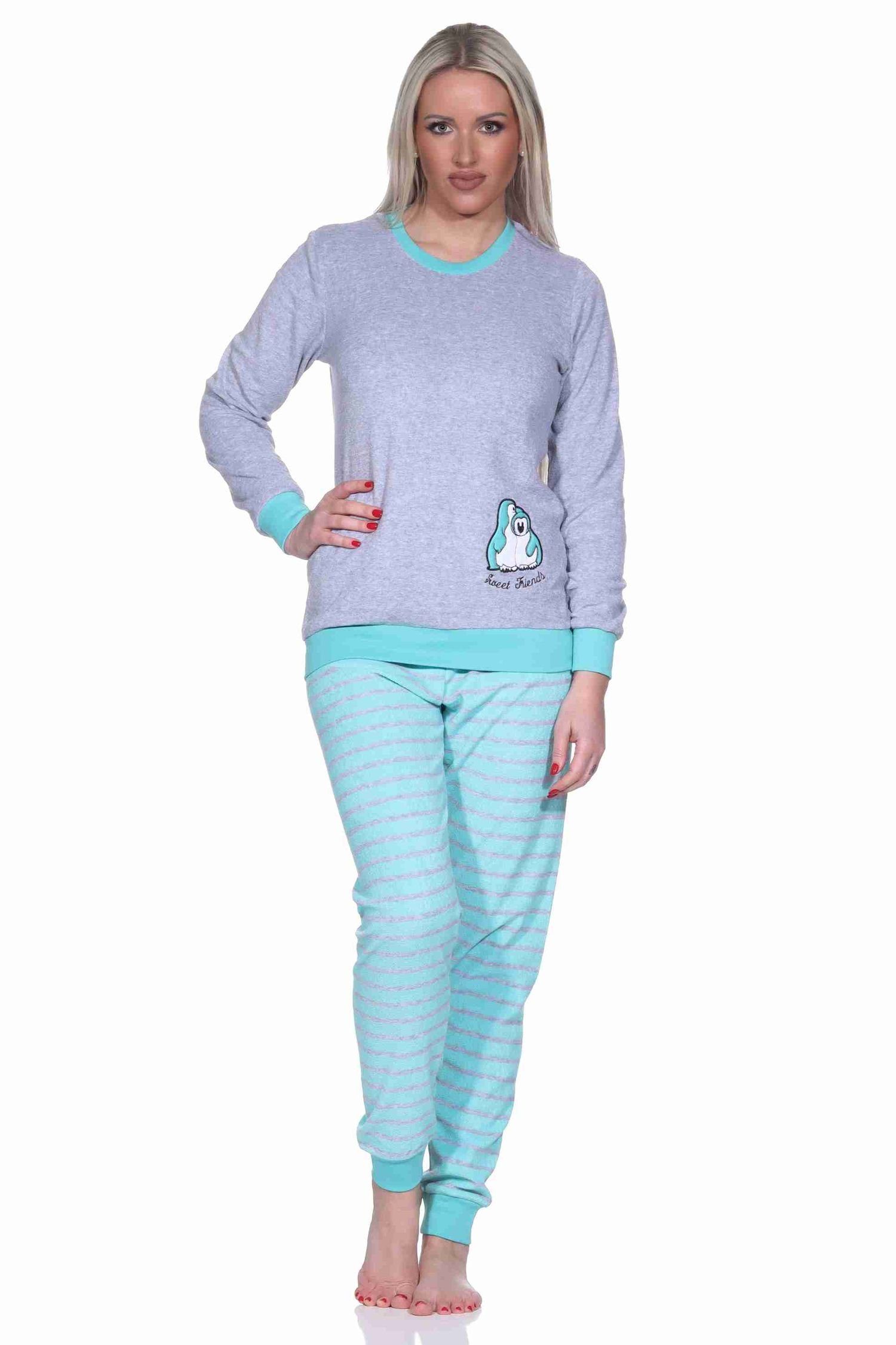 Normann Pyjama Damen Frottee Pyjama langarm mit Bündchen und Pinguin Stickerei mint