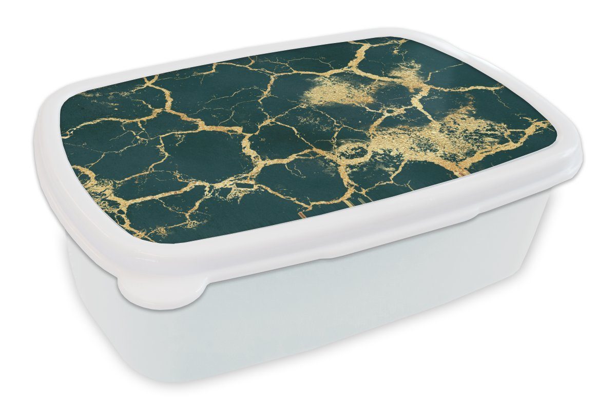 MuchoWow Lunchbox Marmor - Grün - Gold, Kunststoff, (2-tlg), Brotbox für Kinder und Erwachsene, Brotdose, für Jungs und Mädchen weiß