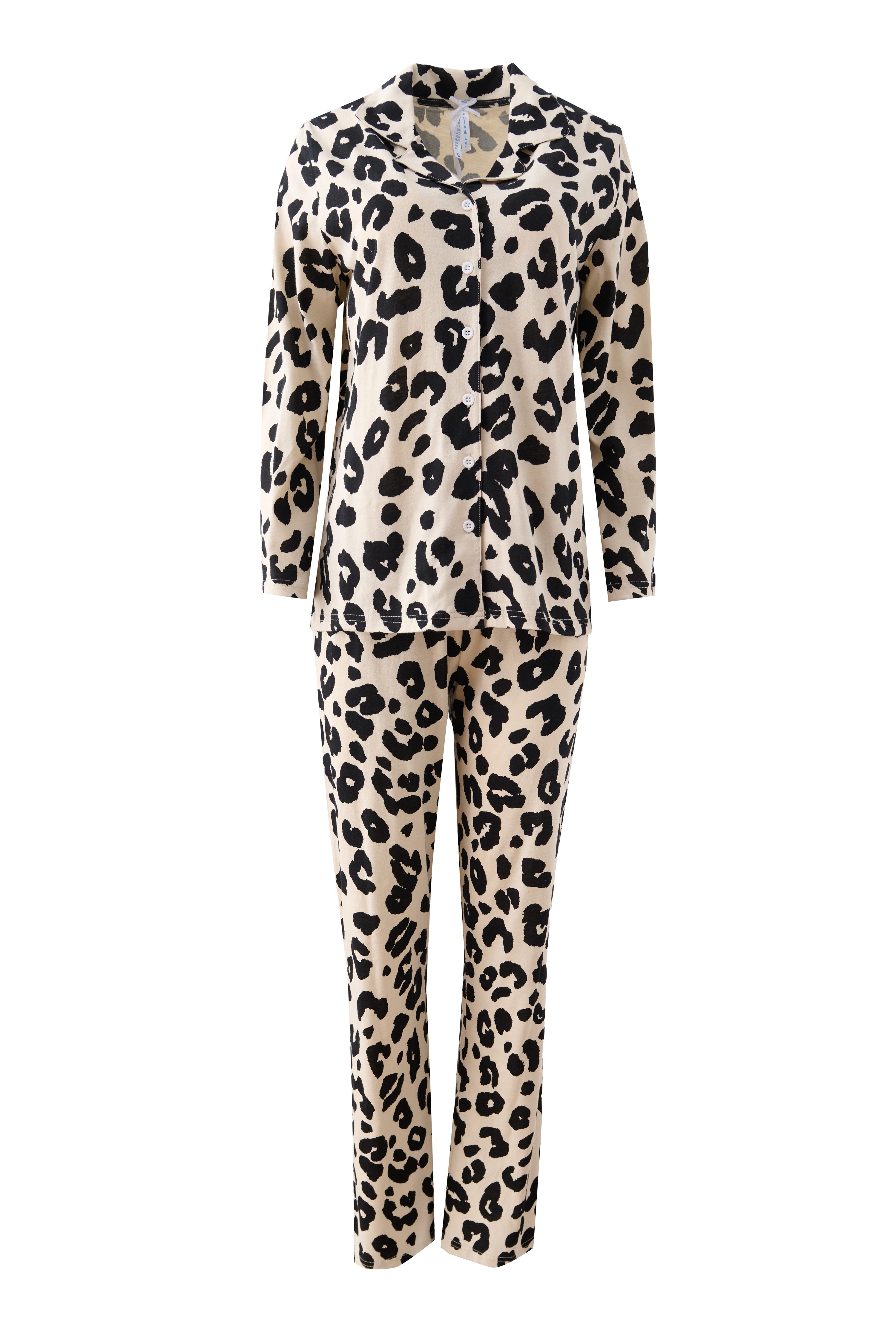 Louis & Louisa Pyjama Louis & Louisa Damen Pyjama „Schmusekatze“, Knopfleiste, Leo allover