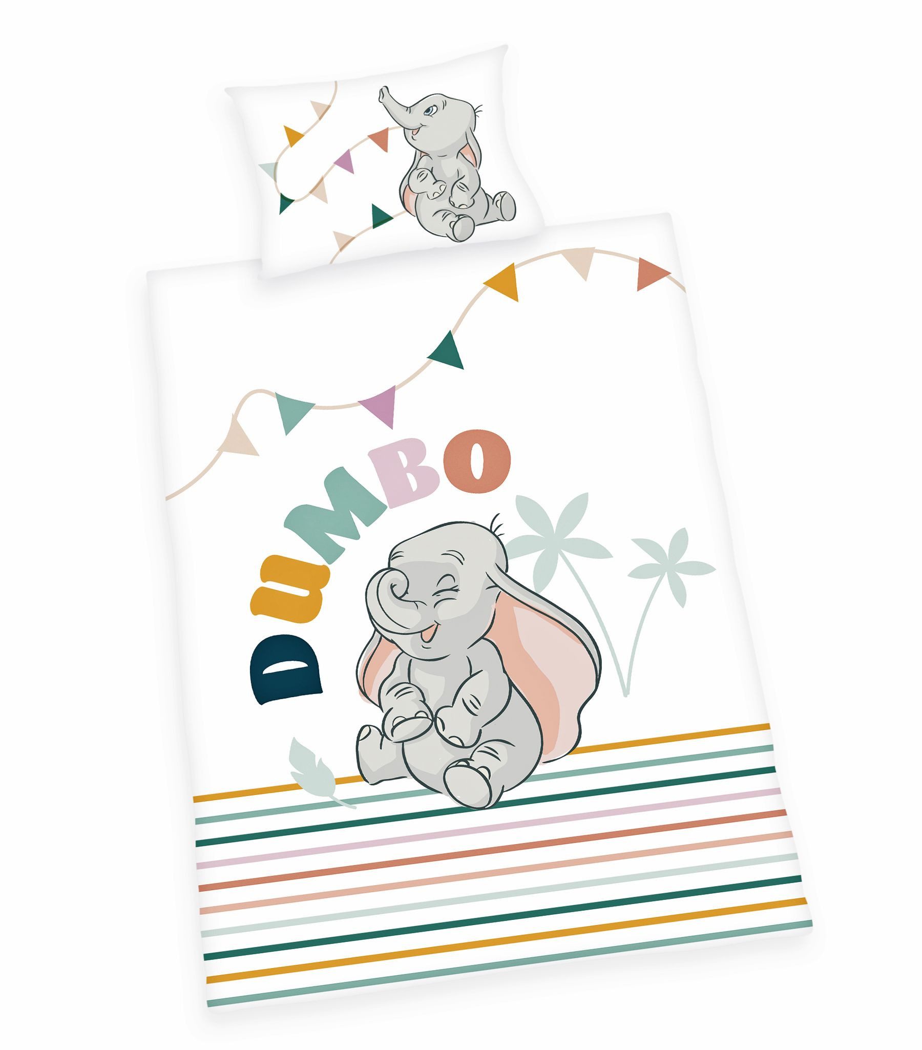 Herding Babybettwäsche 100x135cm Dumbo Disney Elefant Streifen Bunt, Renforcé, 2 teilig, fröhlicher fliegender Elefant, gestreift, Wendebettwäsche