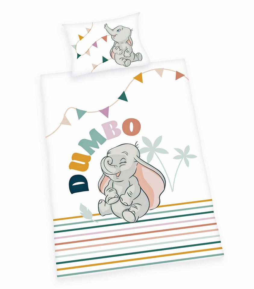 Herding Babybettwäsche 100x135cm Dumbo Disney Elefant Streifen Bunt, Renforcé, 2 teilig, fröhlicher fliegender Elefant, gestreift, Wendebettwäsche