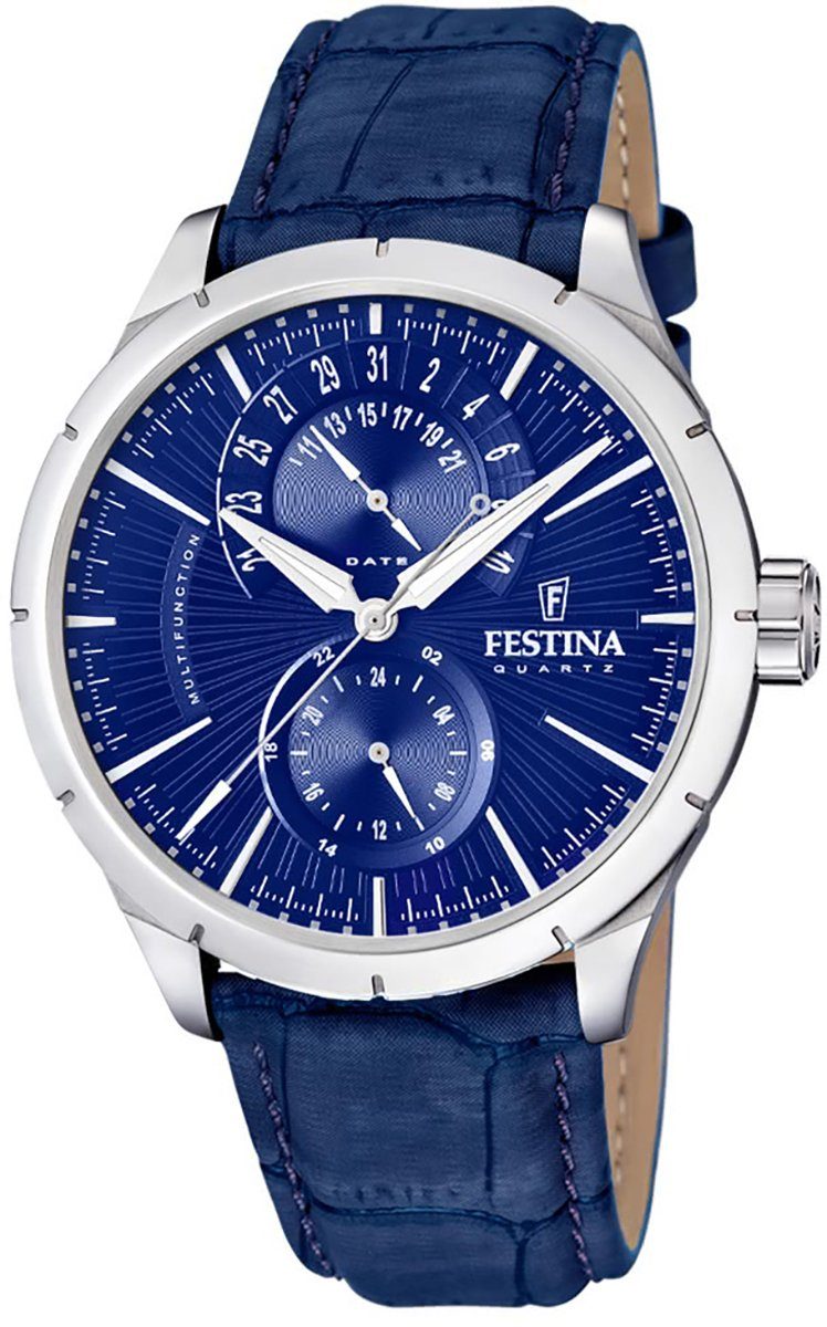 Festina Multifunktionsuhr rund, Lederarmband Elegant Herren Herren F16573/X, blau Armbanduhr Uhr Festina schwarz UF16573/X