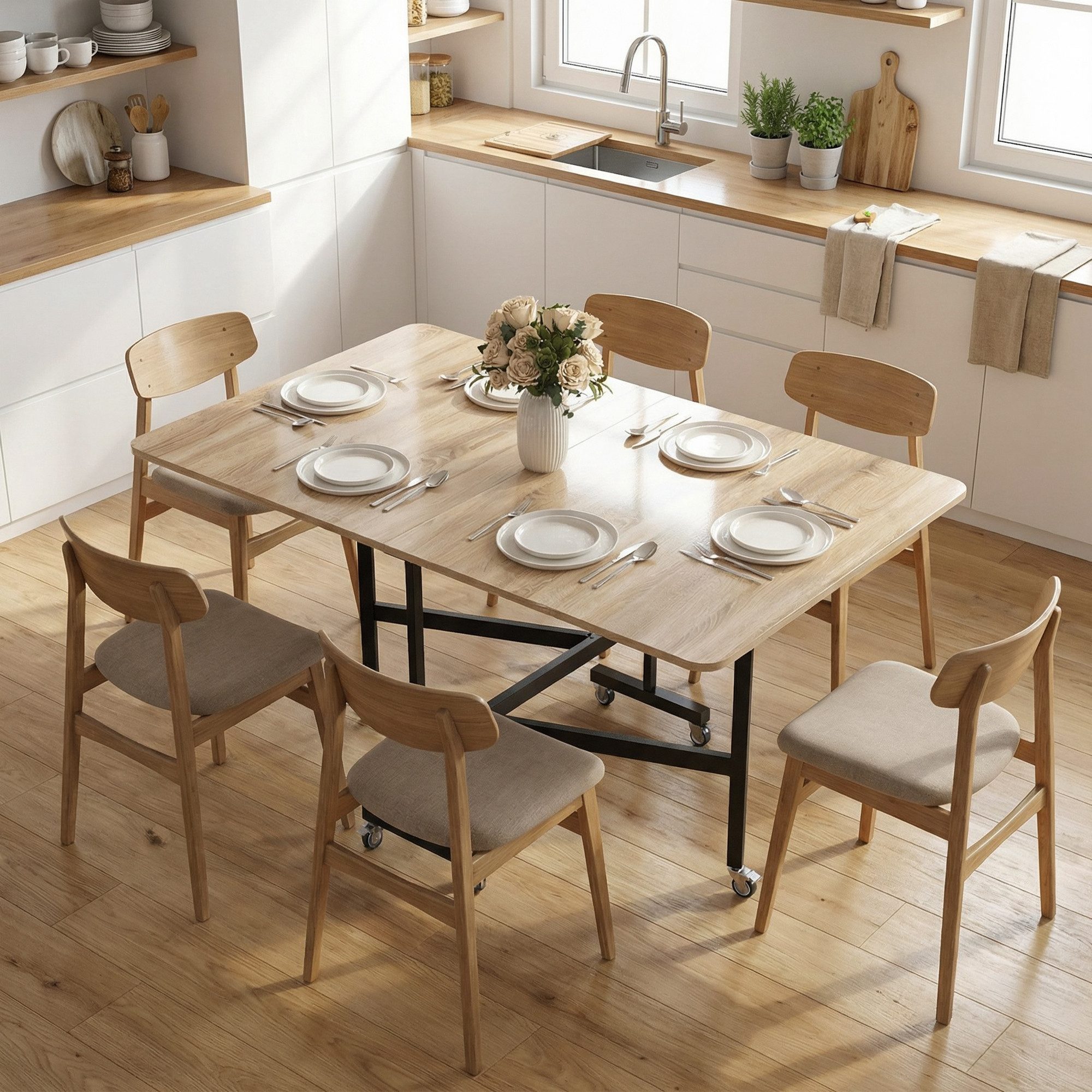 HOMCOM Klapptisch Esstisch Küchentisch für 4-6 Personen, Stahlbeine (Set, 1-St., 1 Tisch), Platzsparend, klappbar, mit Rollen