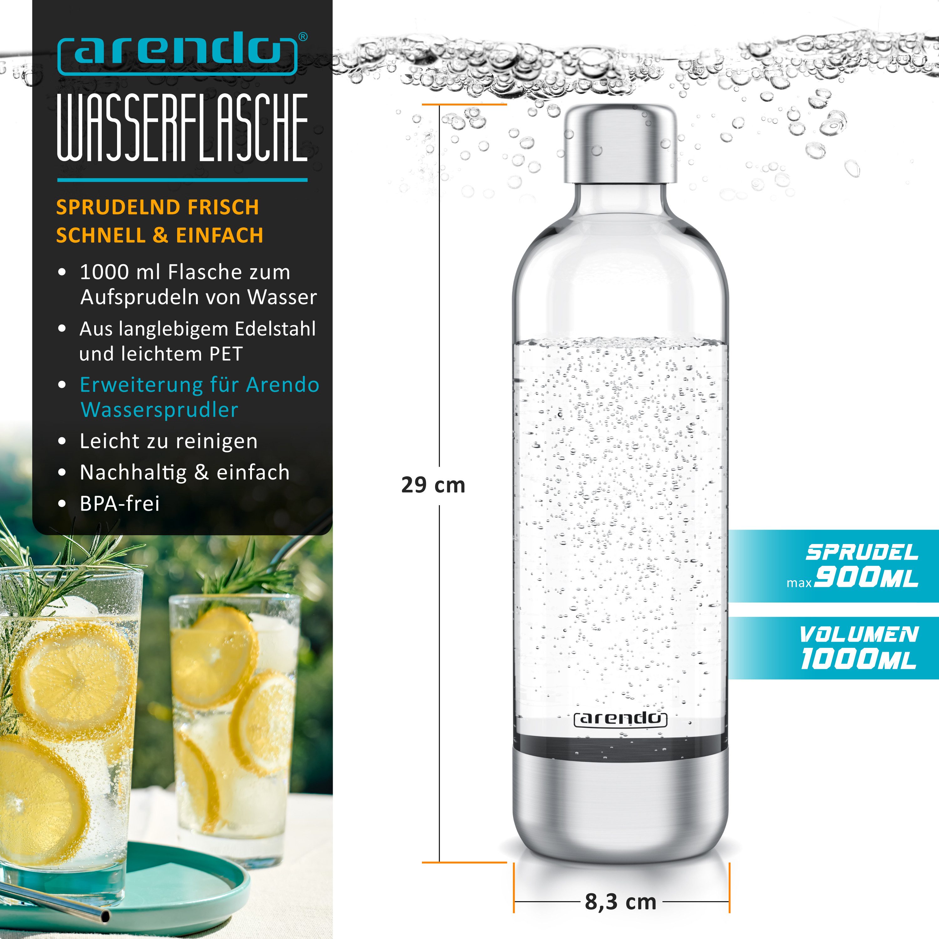Arendo Wassersprudler Flasche Ersatzflasche für Arendo Wassersprudler, 1 L, max. 900 ml zum Sprudeln, (3-tlg), Edelstahl + PET, Kunststoff Sprudel Flasche mit 1000 ml Füllmenge
