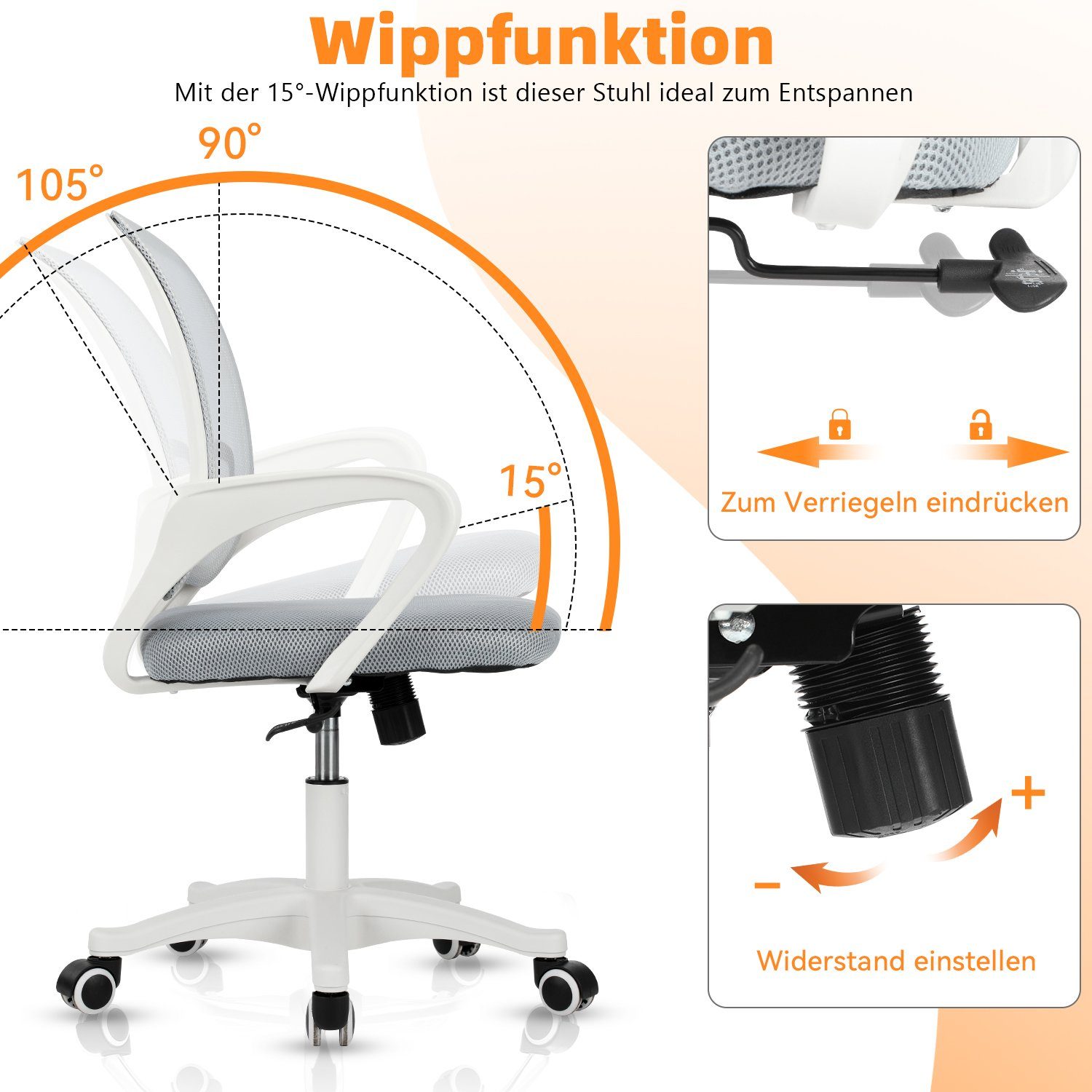 Drehstuhl, 360° Wippfunktion, mit iscooter Wippfunktion, Arbeitszimmer Schreibtischstuhl höhenverstellbarer, Schreibtischstuhl Bürostuhl, Büro, atmungsaktiv,