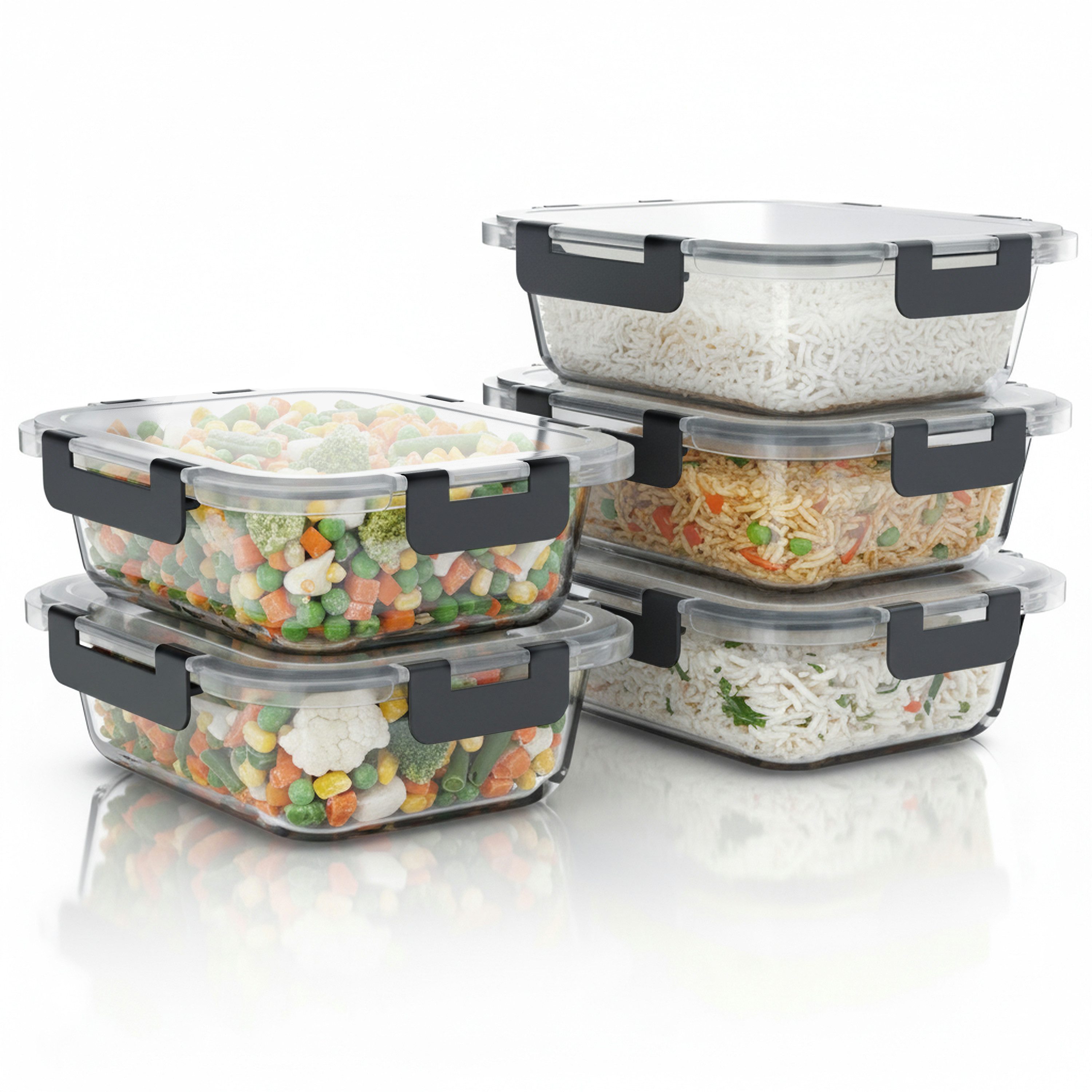 Arendo Frischhaltedose mit Deckel 5er Set, Vorratsdosen, Glas-Lunchboxen, auslaufsicher, Borosilikatglas, Kunststoff, (5-tlg), Mikrowellen-, Ofen-, Gefrier- & spülmaschinengeeignet, Klickverschluss