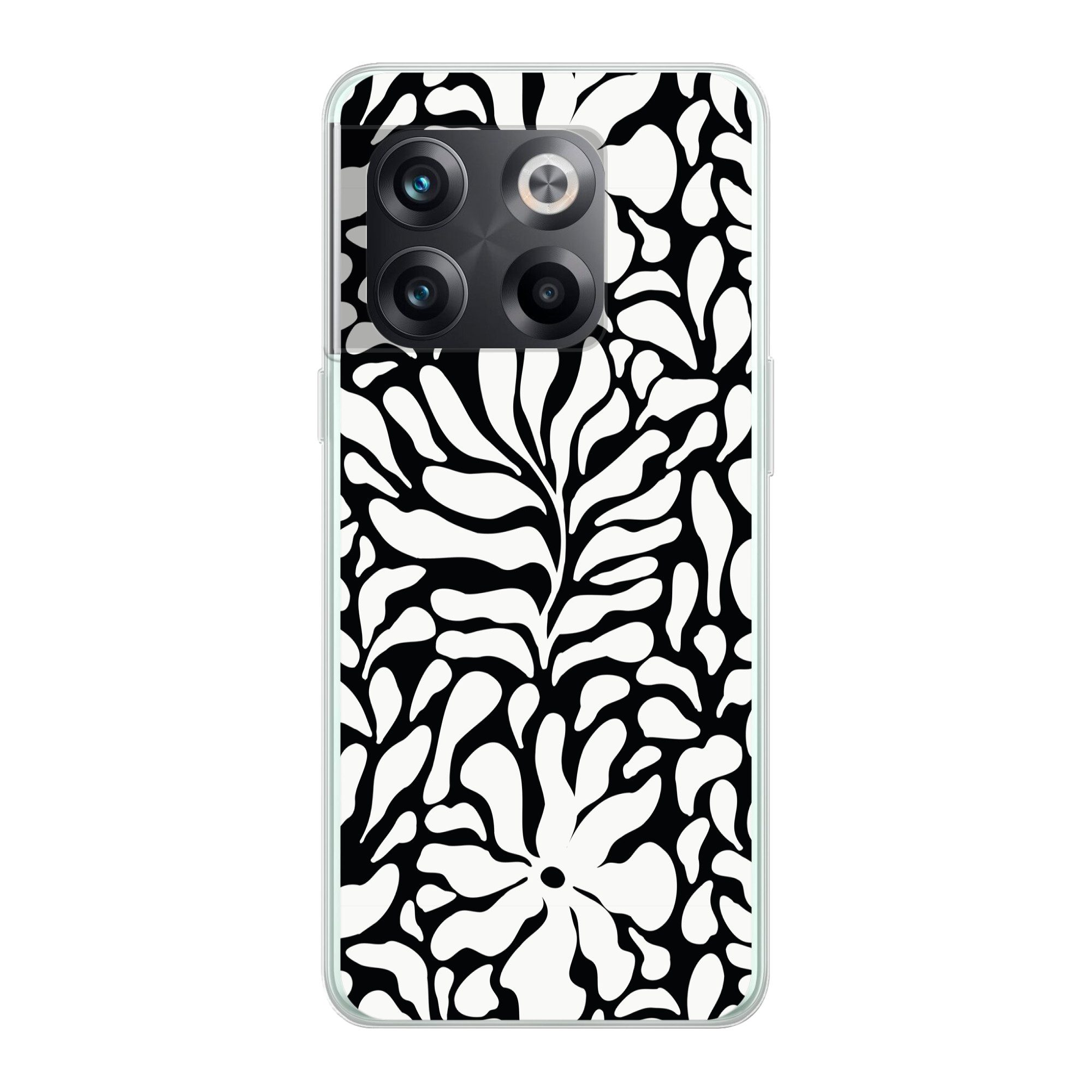 MuchoWow Handyhülle für OnePlus 10T Blumendruck - Schwarz - Weiß - Blätter, Phone Case, Silikon, Schutzhülle Dünn