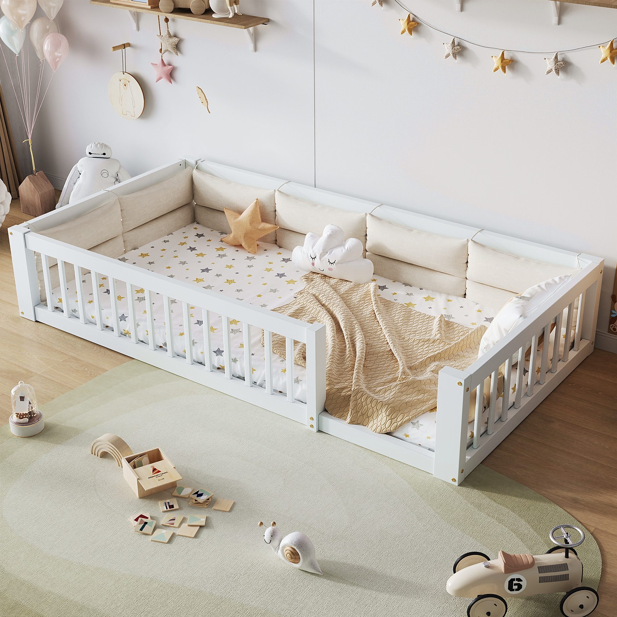 HAUSS SPOLE Kinderbett 90x200 Plattformbett Schutzgitter Gepolstert Kissen Rückenkomfort (Jugendbett mit durchgehendem Schutzgitter am Bett), Holzbett mit Massivholzkonstruktion