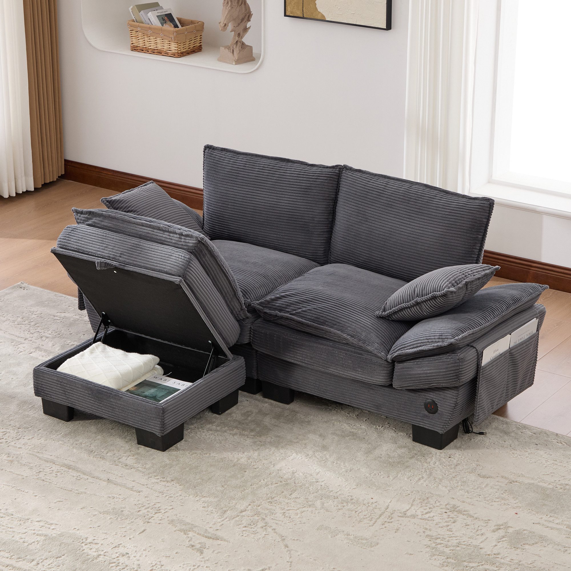 HAUSS SPOLE Loungesofa 2-Sitzer Cordsofa mit einer Hocker,Relaxsofa Seitentaschen,Dunkelgrau, Relaxsofa aus hochwertige Corduroy-Stoff, Ideal für Wohnzimmer, Büro oder Lounge