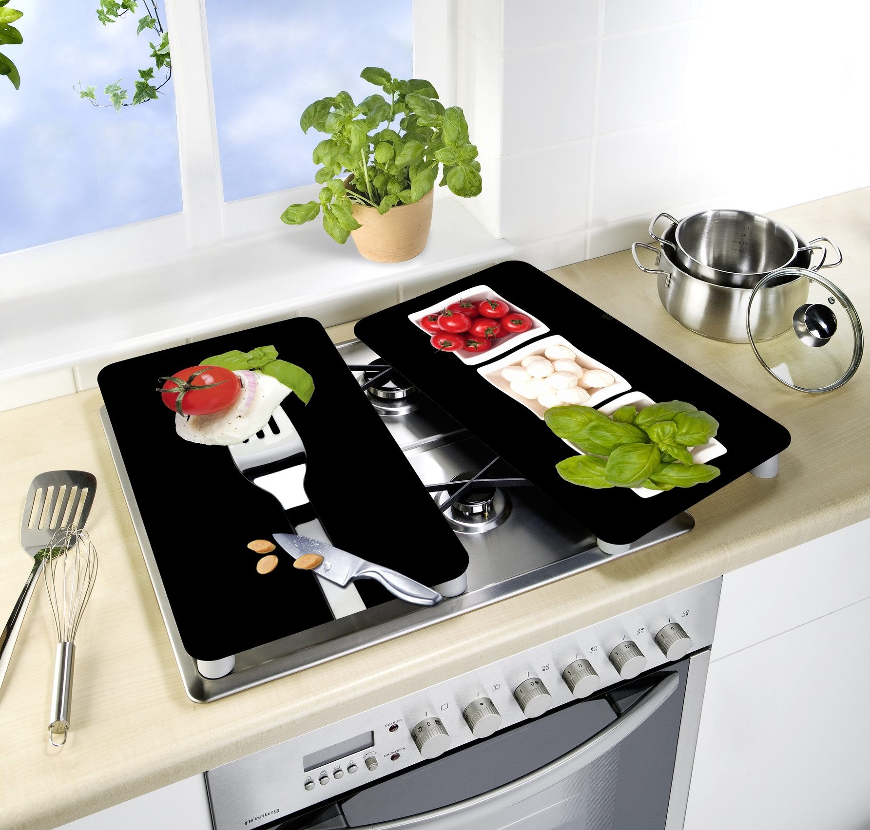 WENKO Herd-Abdeckplatte Universal Modell Caprese, Glas, (Set, 2 tlg), Herdabdeckung für alle Herdarten, kratzfest, mit rutschfesten Füßen