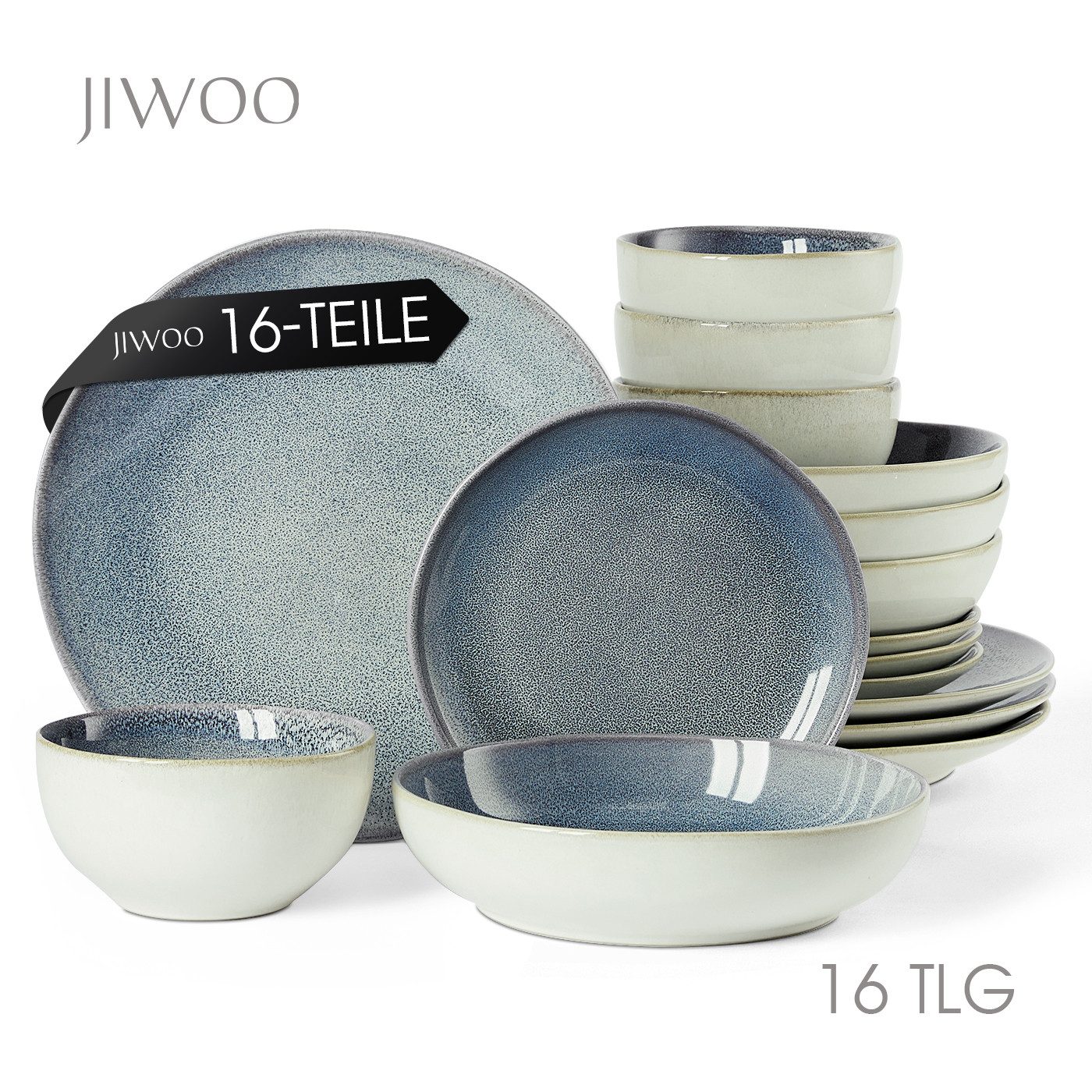 JIWOO Geschirr-Set 16er Kombiservice Teller-Set Tafelservice Schüssel-Set Speiseteller (16-tlg), 4 Personen, Keramik, Hochwertiges Geschirr set Blau Mikrowellen spülmaschinenfest