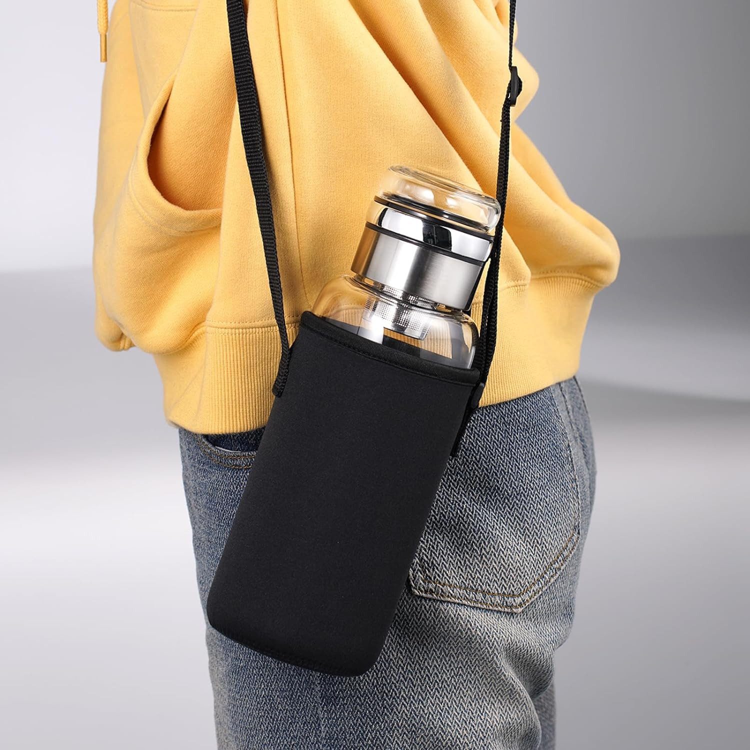 Zaewry Trinkflasche Glasflasche 1L - Wasserflasche Trinkflasche Glas mit Neoprenhülle, Glastrinkflasche mit Edelstahl-Sieb, Glasdeckel als Becher verwendbar – Bild 5 von 5