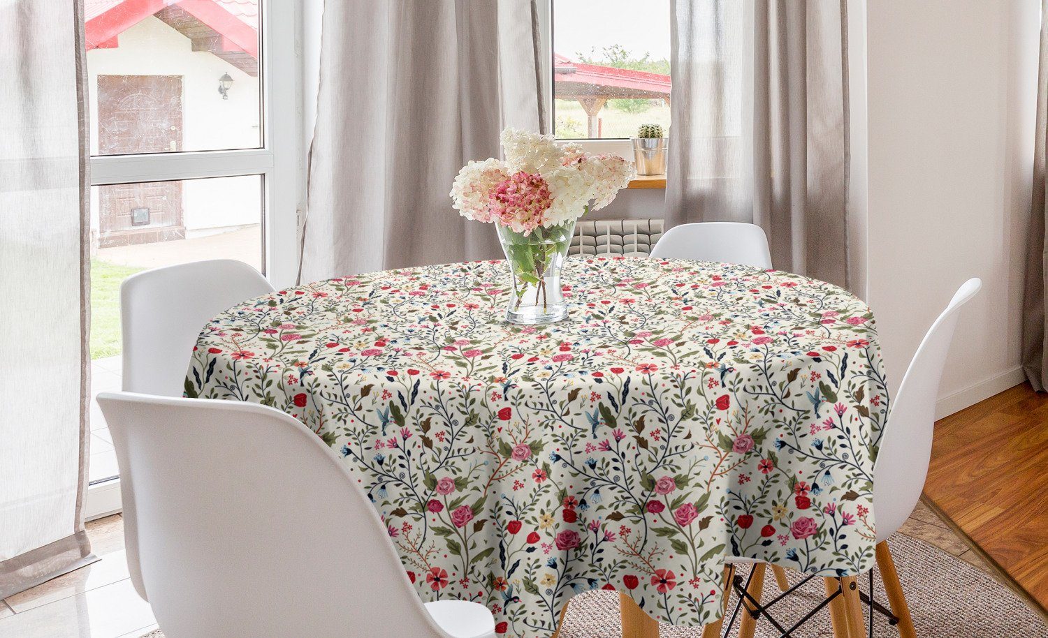 Abakuhaus Tischdecke Kreis Tischdecke Abdeckung für Esszimmer Küche Dekoration, Blumen Vögel Rosen-Tupfen