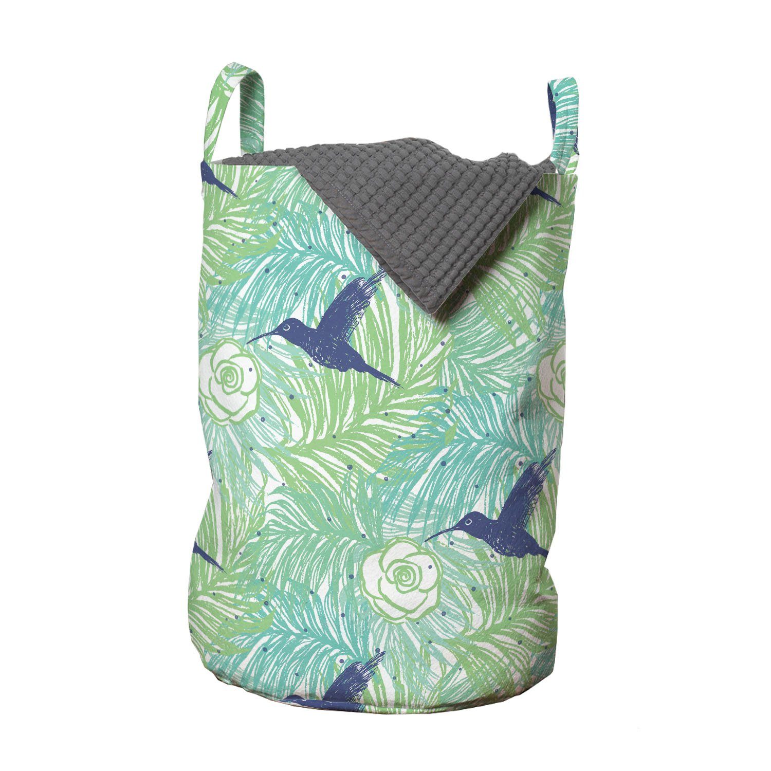 Abakuhaus Wäschesäckchen Wäschekorb mit Griffen Kordelzugverschluss für Waschsalons, Exotisch Palmblätter Blumen und Vogel