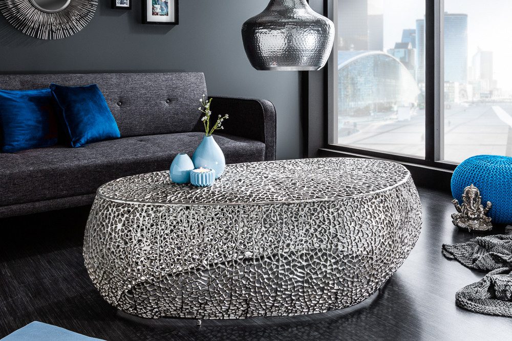 riess-ambiente Couchtisch ABSTRACT LEAF 120cm silber - Metall, Handarbeit, Blatt, modern (Einzelartikel, 1-St), Eyecatcher Beistelltisch - ideal für Wohnzimmer, TV-Ecke oder Lofts
