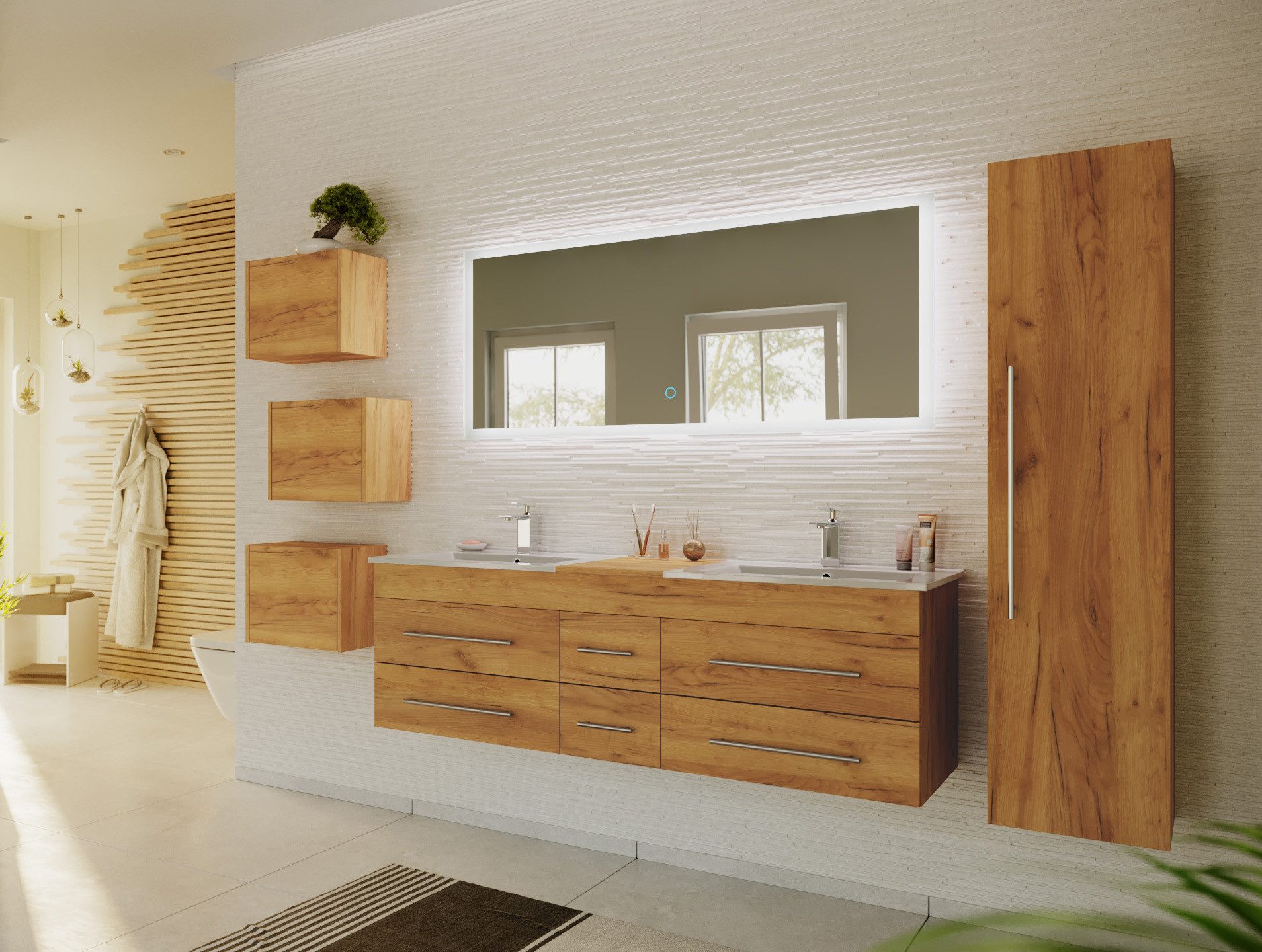 Magnolia Home Waschtisch Badmöbelset Roma XL 4-teilig LED-Spiegel Hochschrank 3er Boxen eiche g
