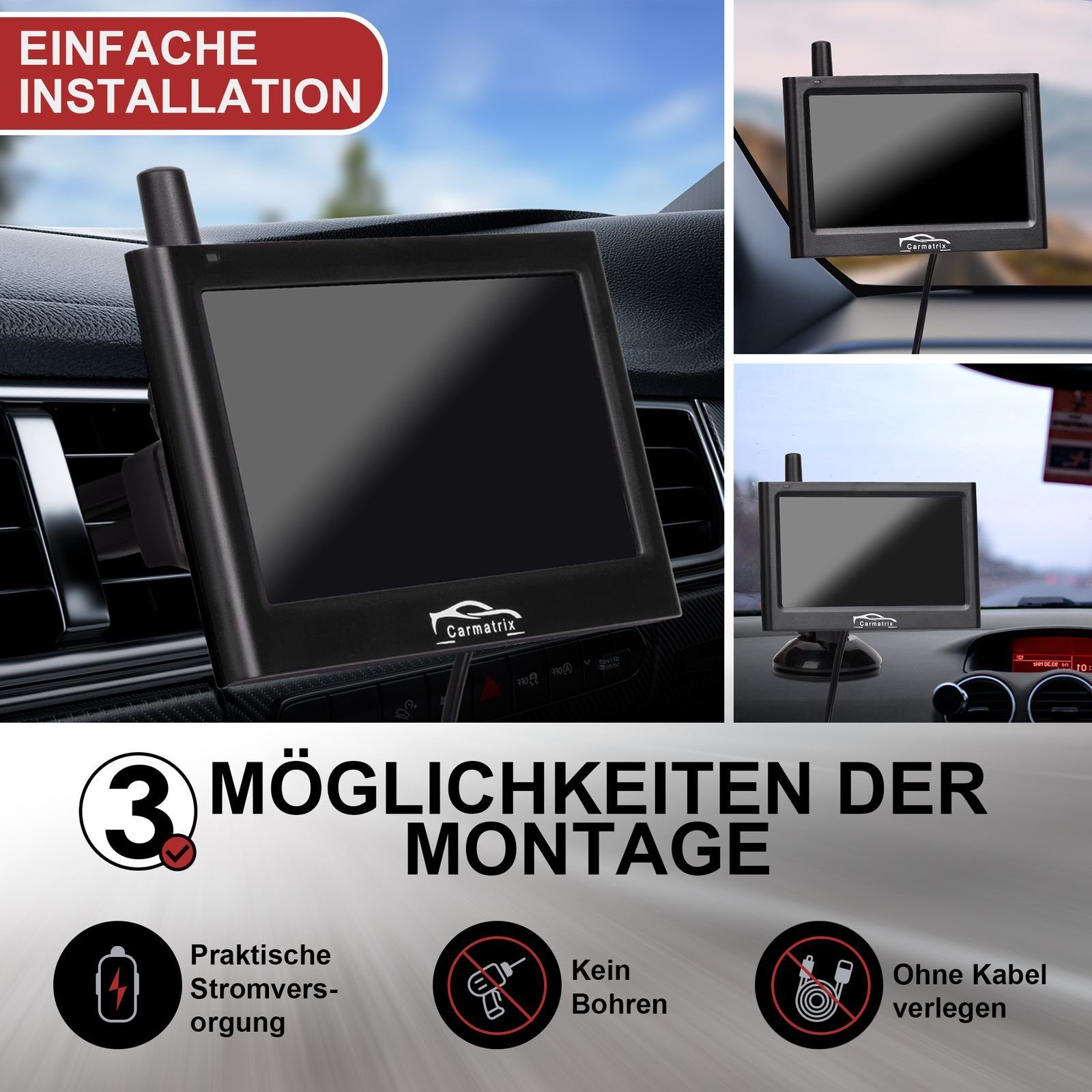 CARMATRIX Solar 1 Rückfahrkamera (Solar Funk Video Rückfahrsystem im Nummernschild Kennzeichenhalter, Rückfahrkamera Solarpanel Akku Digital kabellos ohne Bohren)