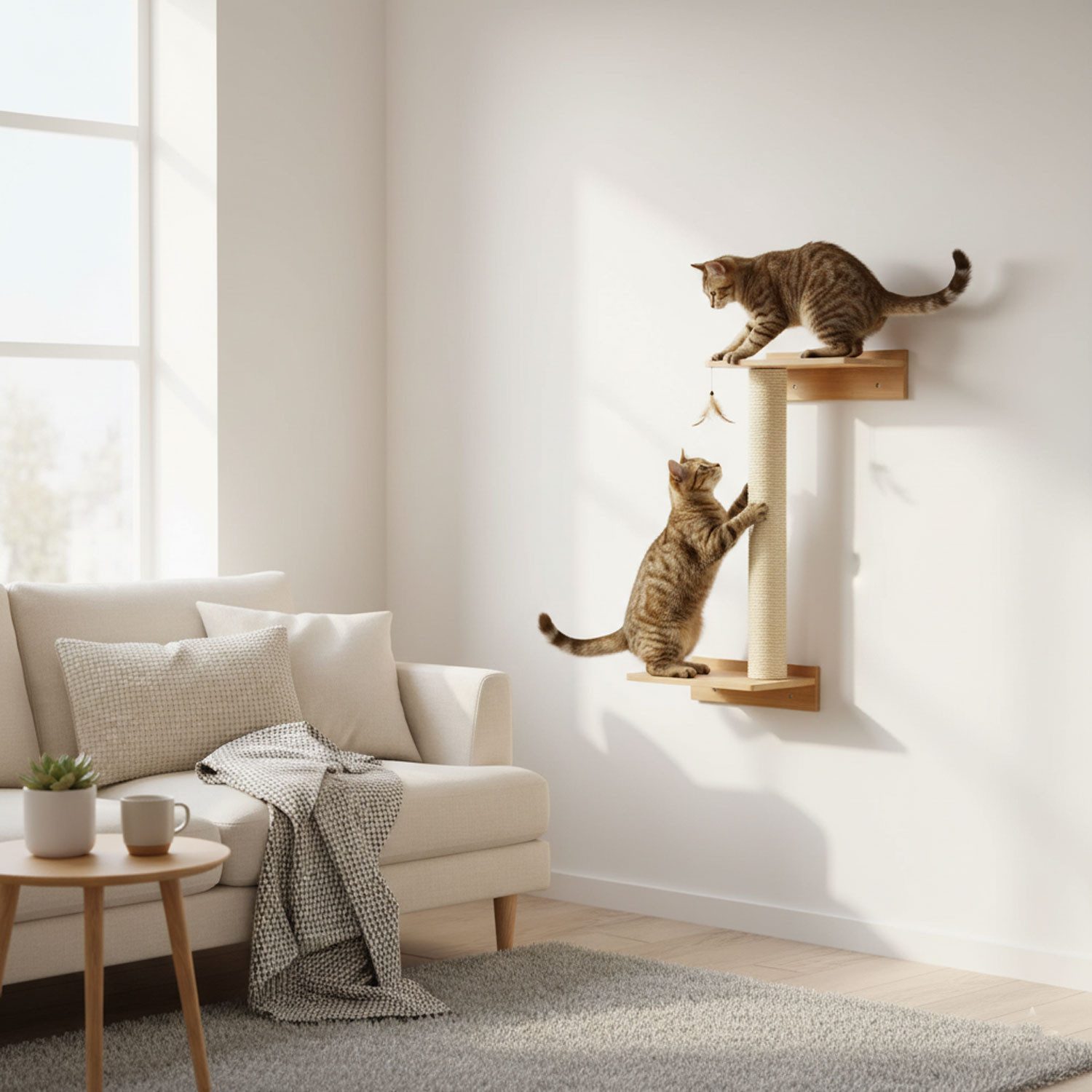 eyepower Kratzbaum zur Wandmontage - 71 cm Wandkratzbaum für Katzen mit 2 Bambus Plateau, Sisalstamm Wand - Katzenkratzbaum platzsparend - Kletterwand Katze