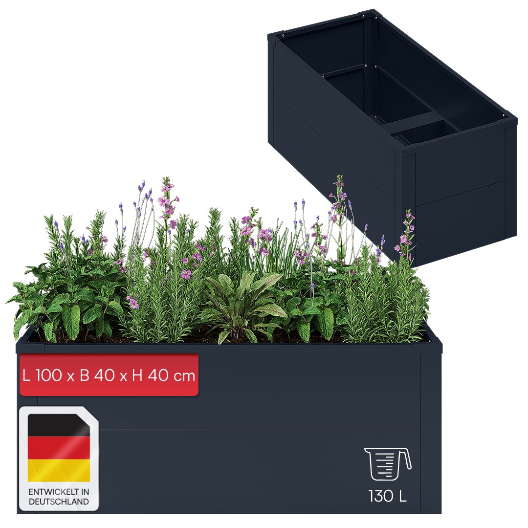 STEELSØN Hochbeet Icarus aus verzinktem Stahl, mit offener Bodenstruktur (Anthrazit, 1 St., 100 cm breit, 40 cm hoch), Gartenbeet wetterfest, Pflanzenkübel für Garten & Balkon