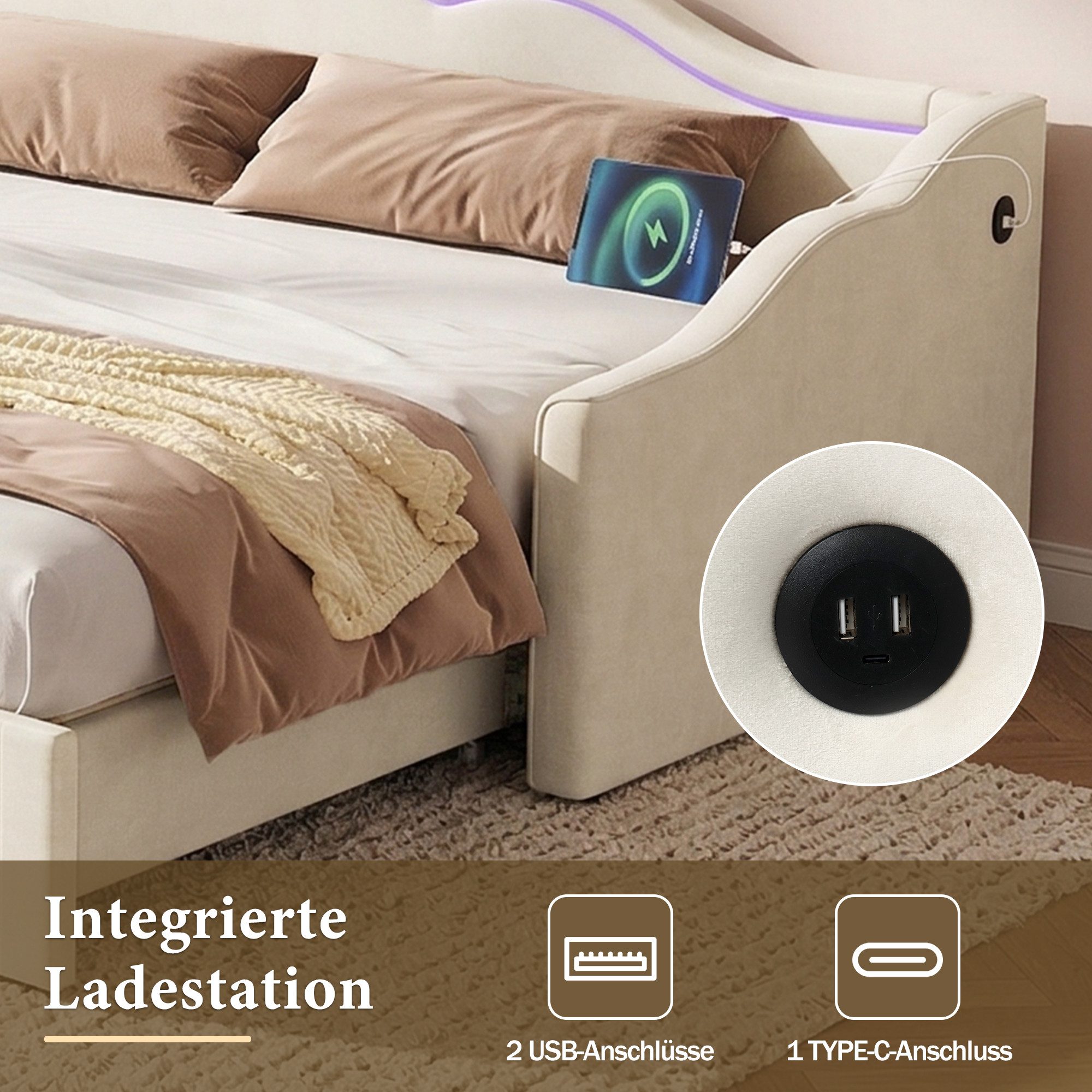 Odikalo Schlafsofa Schlafcouch 90x200 mit LED und USB-Anschluss, Polsterbett, Tagesbett, ausziehbar auf 180 cm, Beige Samt