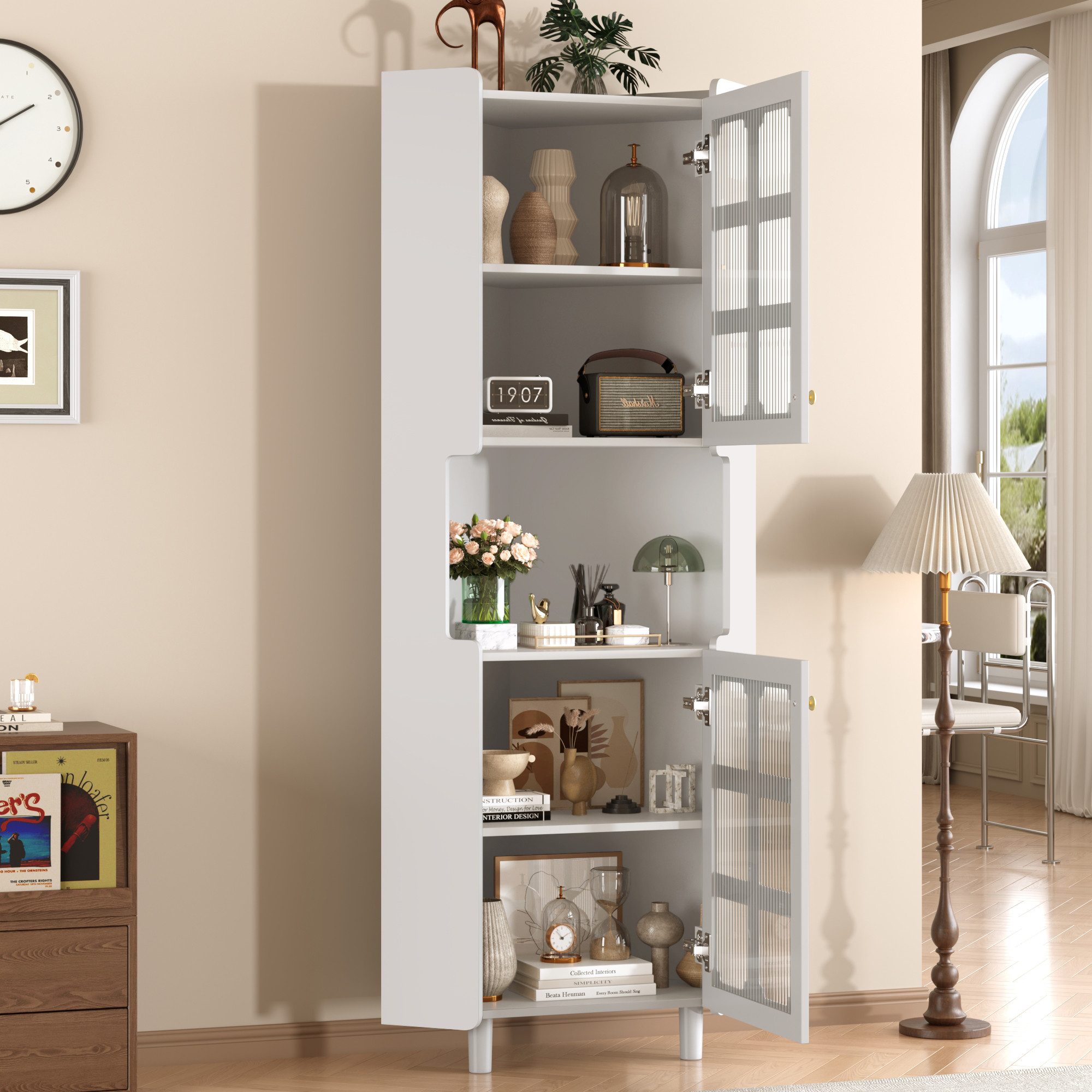 Flieks Badkommode Eckschrank mit LED-Beleuchtung und Glastüren (1 St., 63,5x45x157,5 cm), Hochschrank Mehrzweckschrank Eckkommode mit 5 Fächern Weiß – Bild 3 von 5