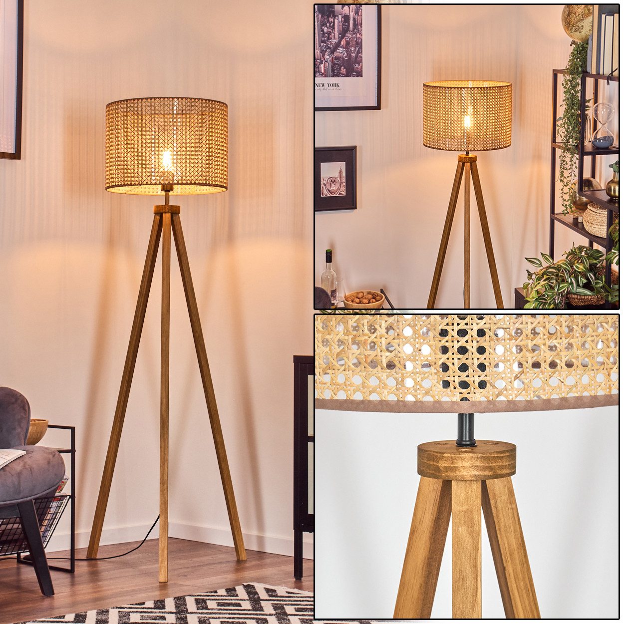 hofstein Stehlampe Stehlampe aus Holz/Wiener Geflecht/Rattan in Naturfarben/Schwarz, ohne Leuchtmittel, mit rundem Schirm (40cm) u. Fußschalter, 1x E27, ohne Leuchtmittel