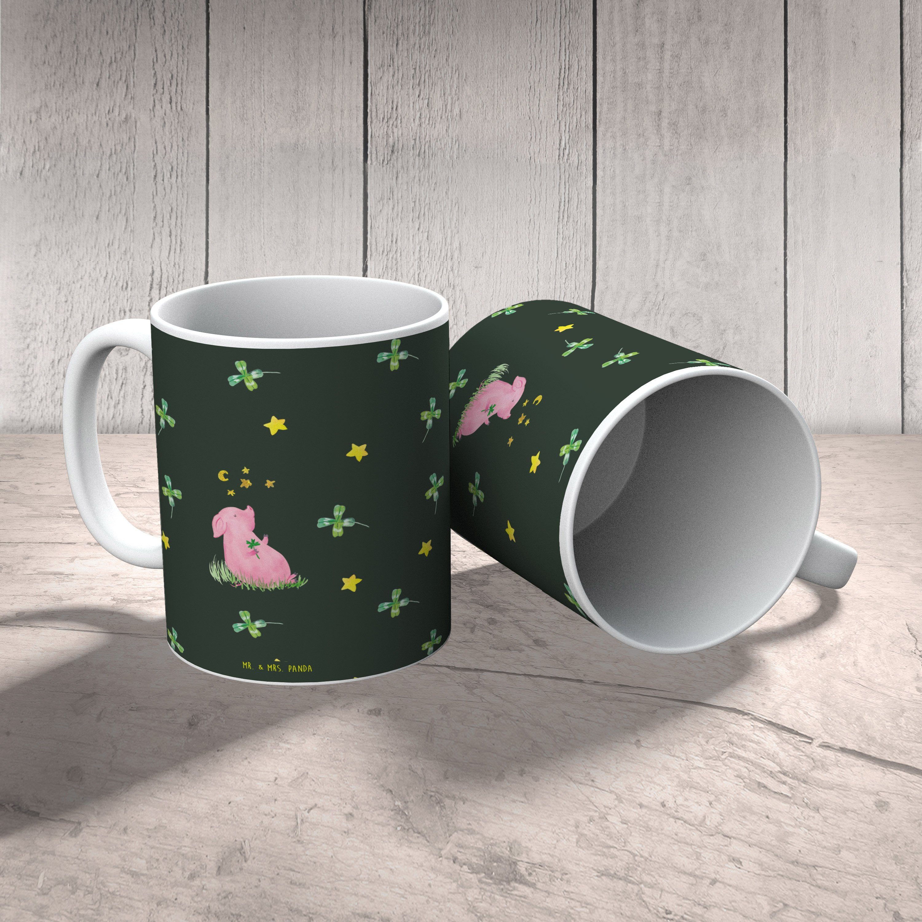 Mr. & Mrs. Panda Tasse Schwein Glück, Tasse, Grün, Kaffeebecher, Kaffeetasse, Glücksbringer, 1-tlg., Keramik