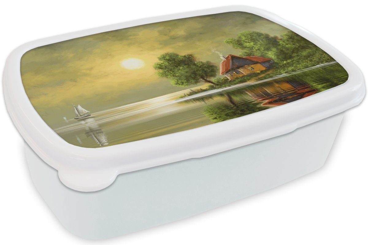 MuchoWow - (2-tlg), Jungs und Lunchbox Wasser, - Erwachsene, Ölfarbe Kunststoff, Mädchen Kinder für Brotdose, - Brotbox Haus und für Gemälde Natur - weiß