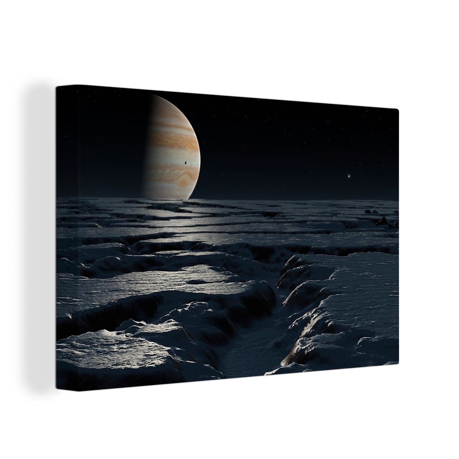 OneMillionCanvasses® Leinwandbild Eine Illustration von Jupiter über einer eisigen Landschaft, (1 St), Wandbild Leinwandbilder, Aufhängefertig, Wanddeko, 30x20 cm