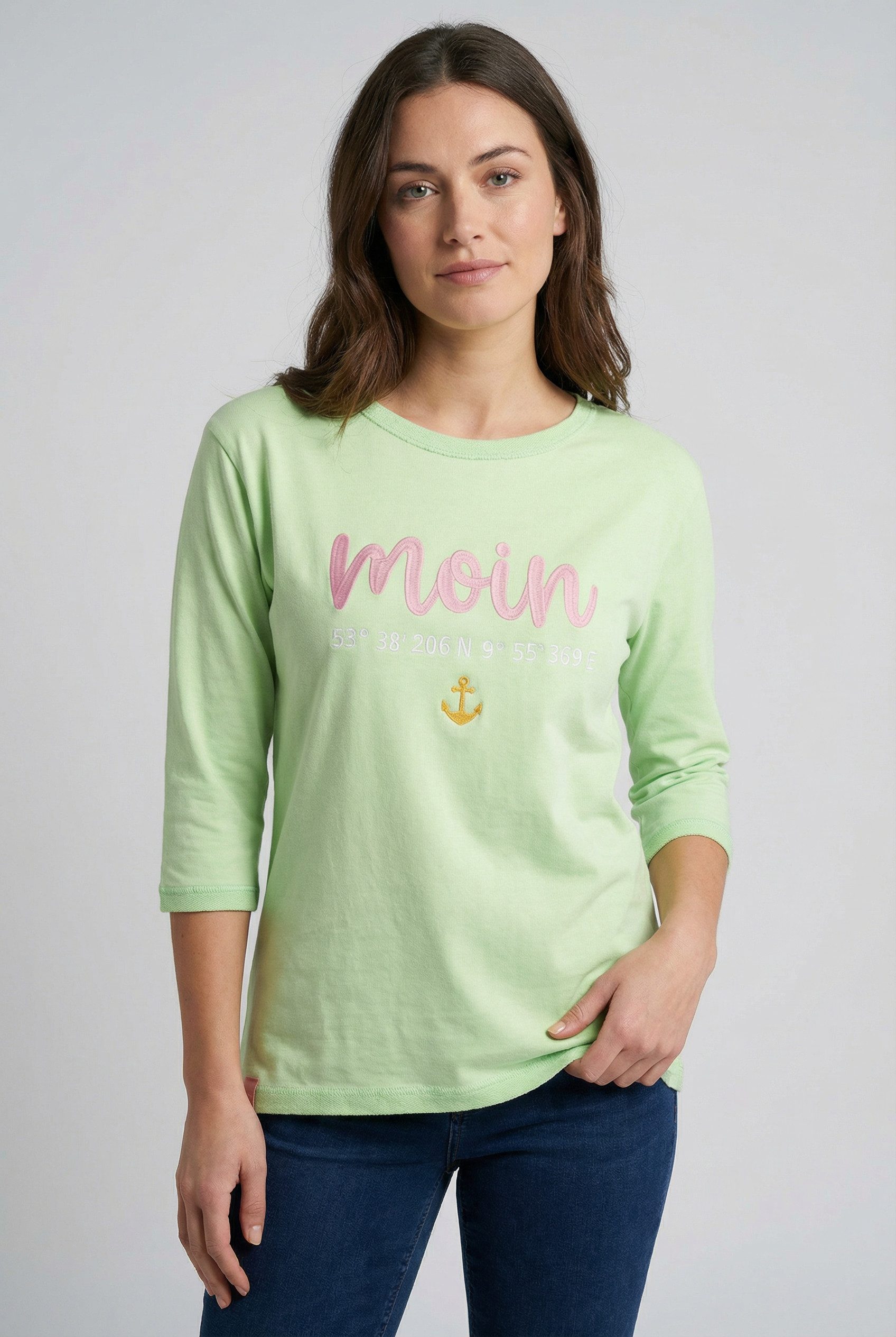 Zwillingsherz 3/4-Arm-Shirt "Moin" mit Moin Stickerei und Anker, ausgefranste Kanten