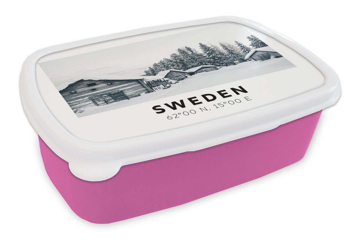 MuchoWow Lunchbox Schweden - Schnee - Baum - Skandinavien, Kunststoff, (2-tlg), Brotbox für Erwachsene, Brotdose Kinder, Snackbox, Mädchen, Kunststoff rosa