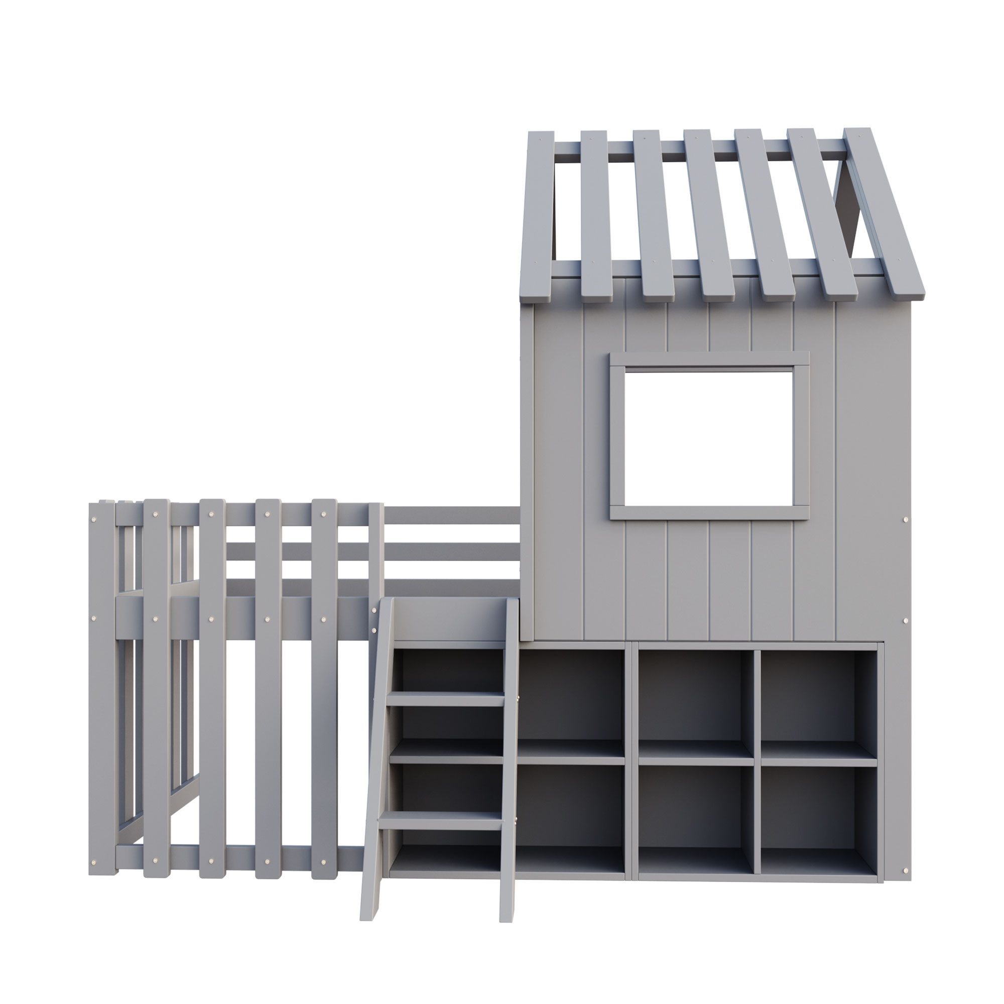 Flieks Hochbett Kinderbett Hausbett 90x200cm mit Dach, Fenster und offenem Stauraum – Bild 5 von 5