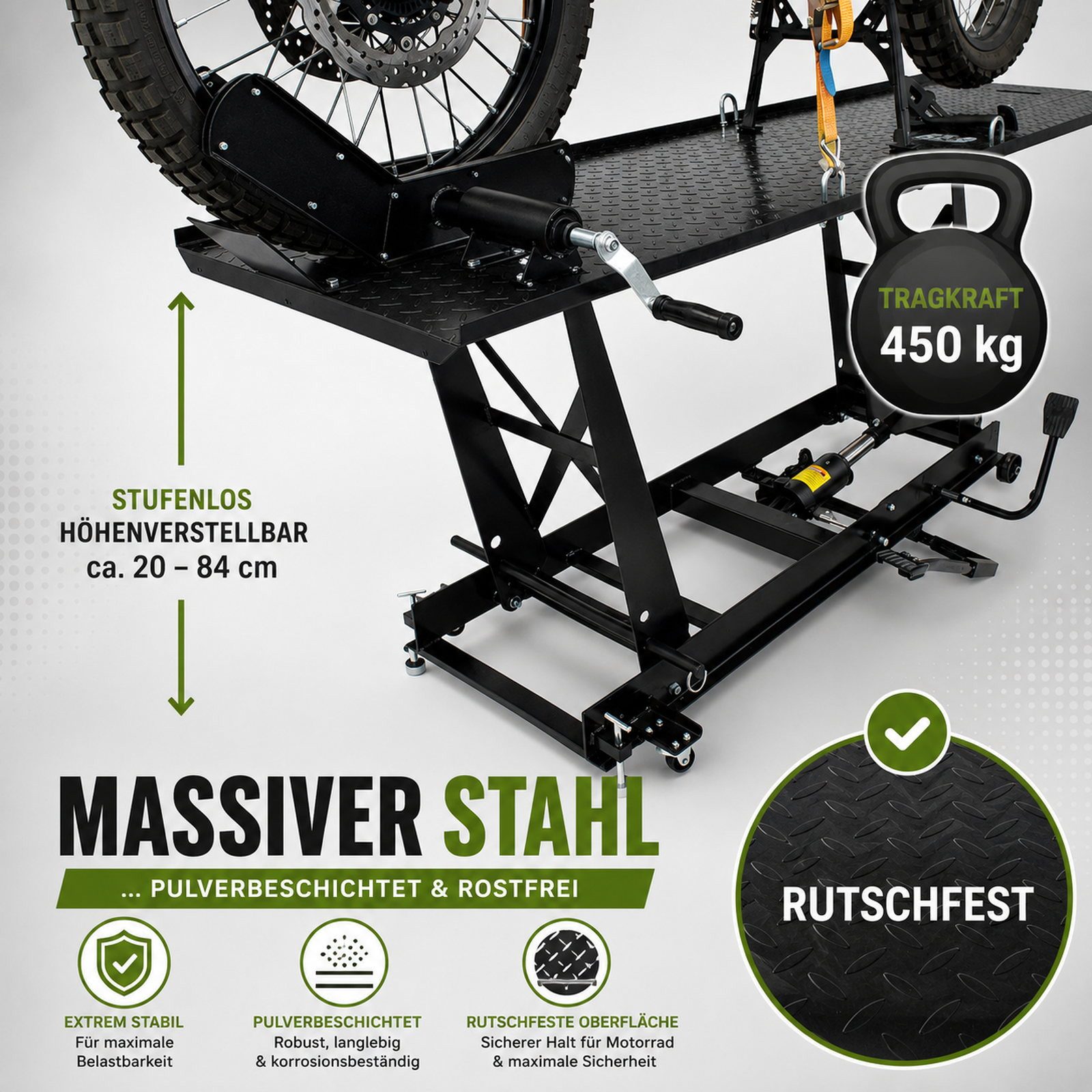 TRUTZHOLM Hydraulikheber Motorradhebebühne hydraulisch 450 kg Extra-Breit 68 cm Parallelhub, Extra-Breit, stufenloses Heben und Senken, abnehmbare Rampe