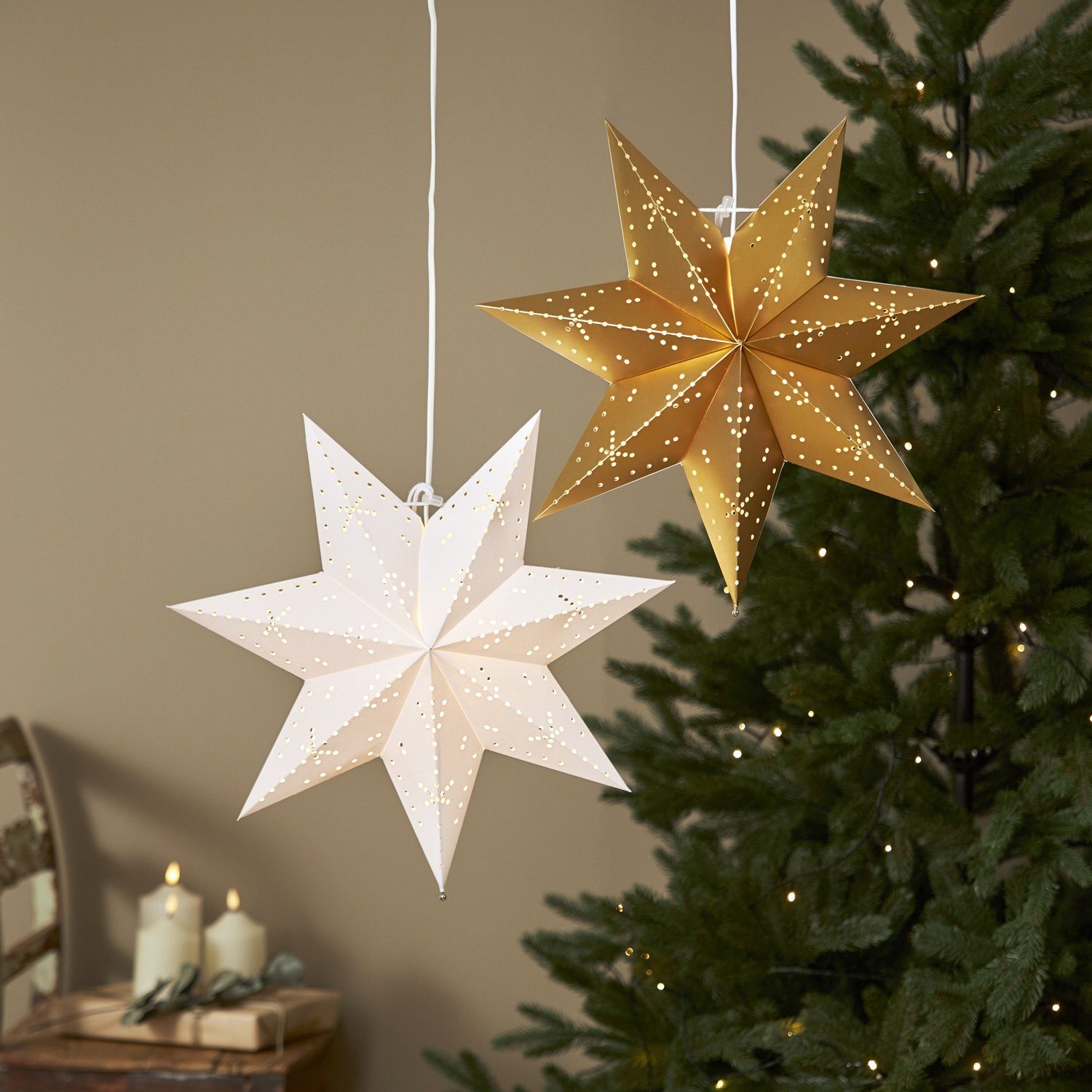 MARELIDA LED Stern Papierstern Leuchtstern Weihnachtsstern Faltstern 45cm mit Kabel gold