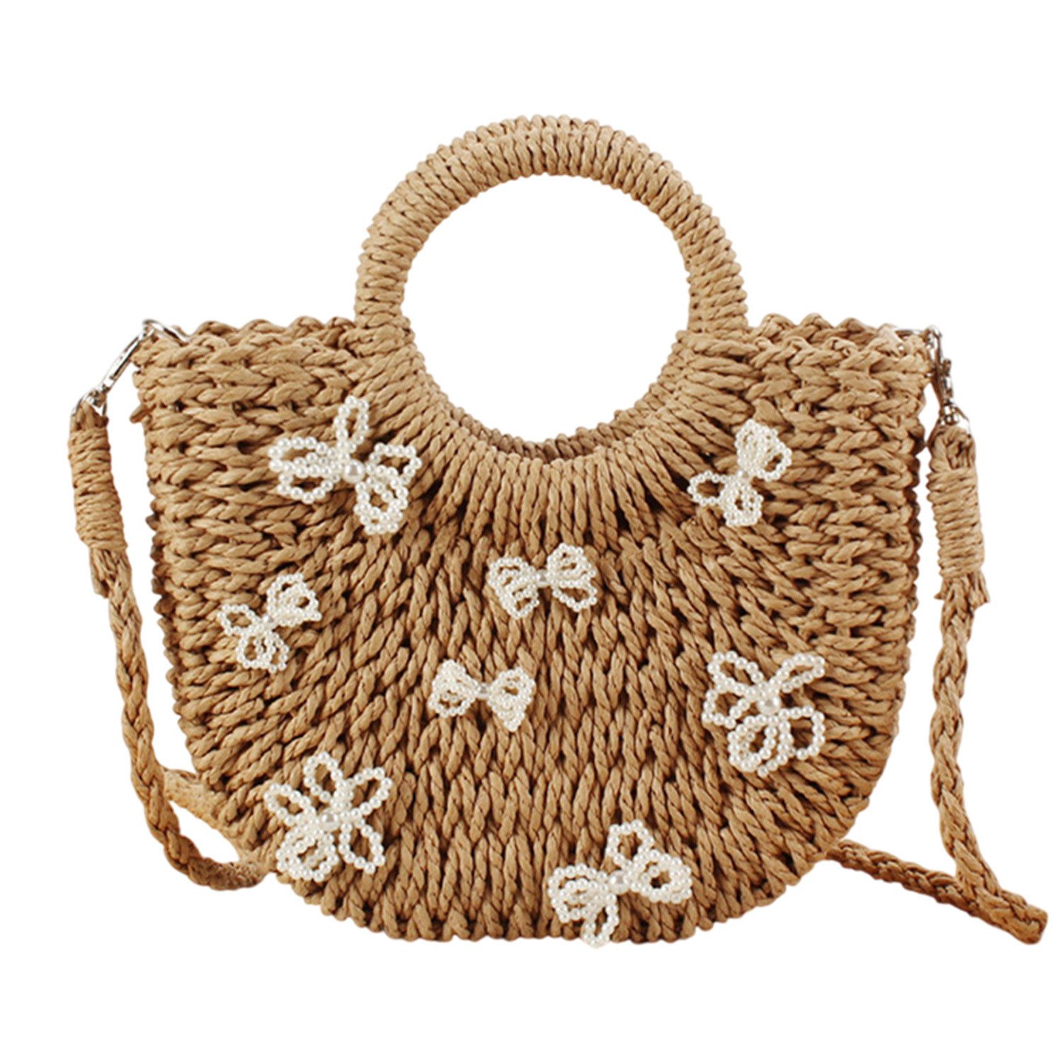 Strandtasche Damen Stroh-Tragetasche,Handtasche mit Schleife,Bohemien