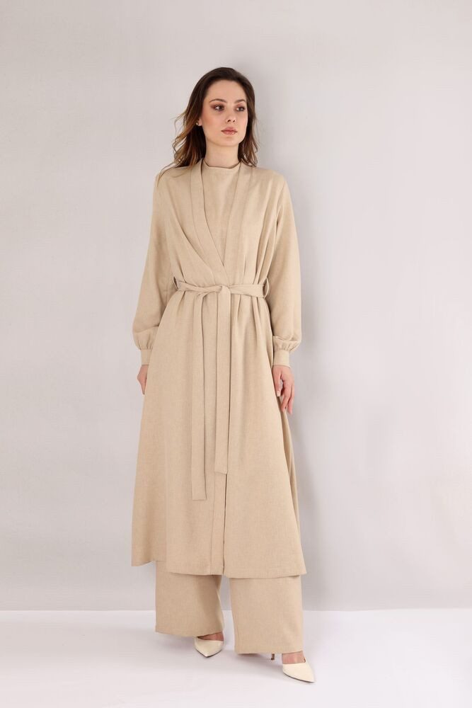 Blusenkimono Langer Damen Cardigan in Leinenoptik mit Gürtel