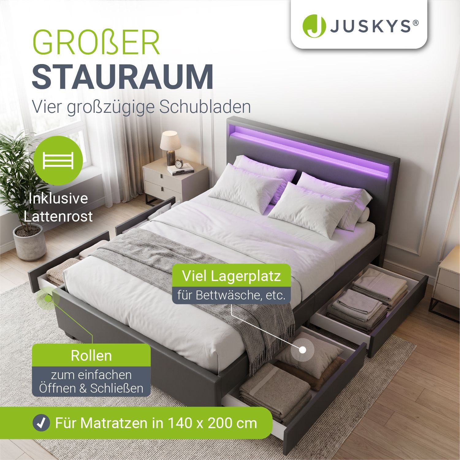 Juskys Polsterbett Lyon, 140x200 cm, ausziehbare Bettkästen, LED-Licht, gepolstertes Kopfteil