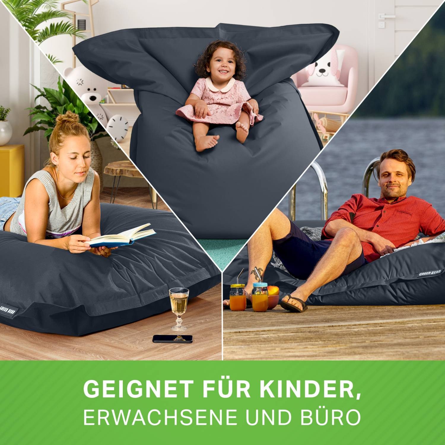 Green Bean Sitzsack XXL Outdoor Sitzsack Square 140x180cm (XXL Riesensitzsack 140x180cm 380 Liter Kinder & Erwachsene Bean Bag EPS Perlen Füllung, Groß Draußen Outdoor Liegekissen), Waschbar Wetterfest Lounge Sitzkissen Bodenkissen